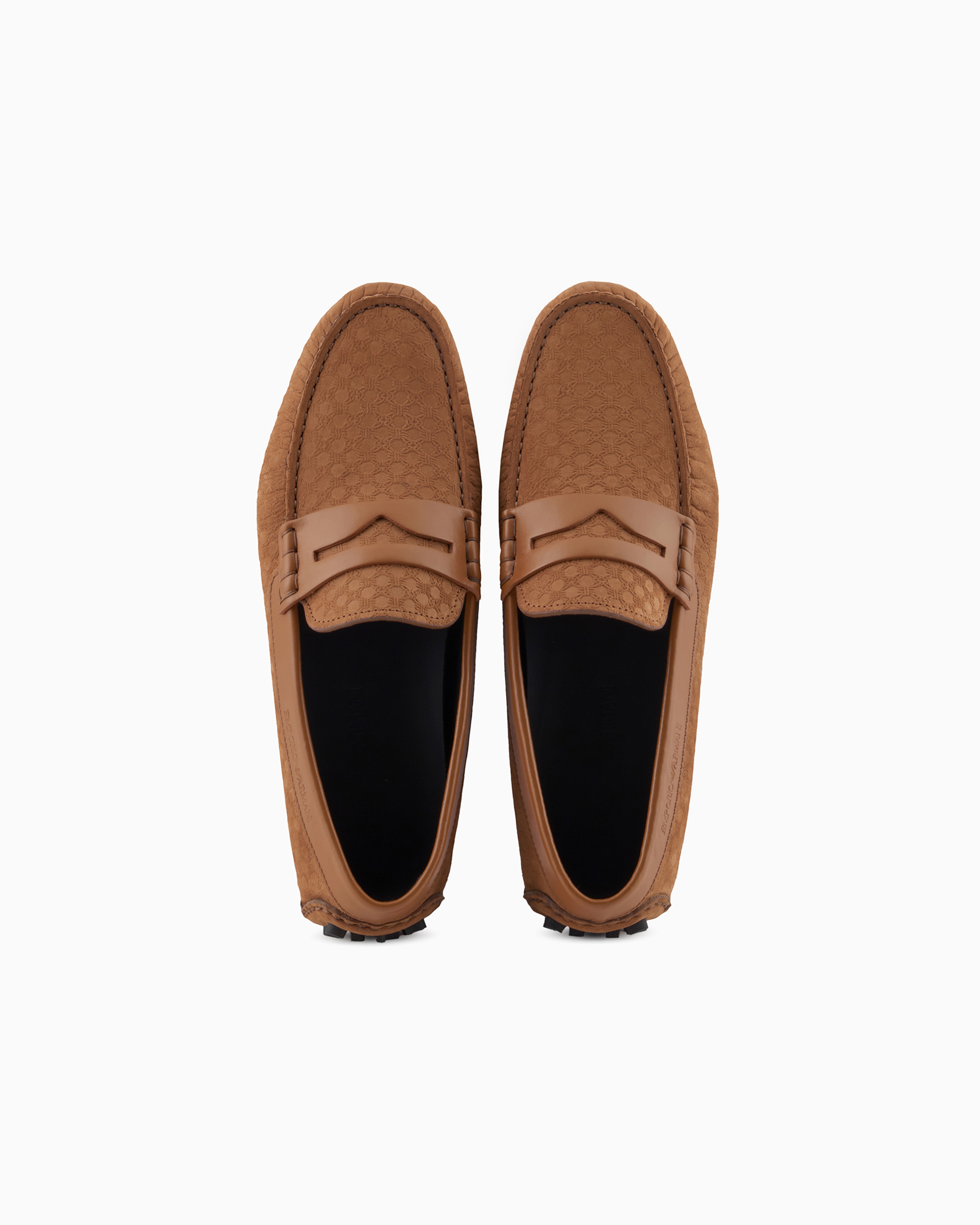 Emporio Armani Official Store Leather Driving Loafers With All-over Embossed Pattern In Brown