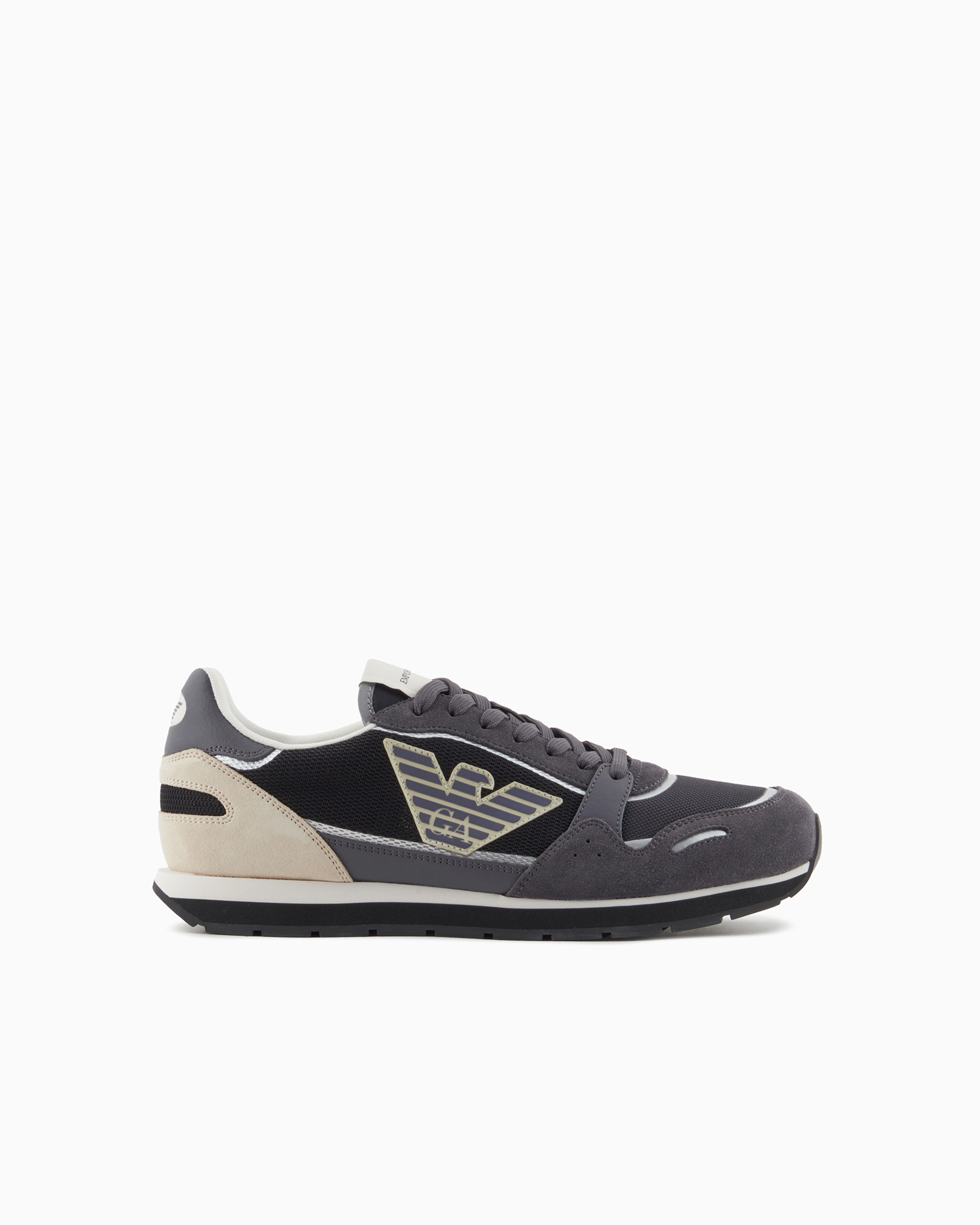 Emporio Armani Official Store Mesh Sneakers With Suede Details And Eagle Patch In Gris Tourterelle