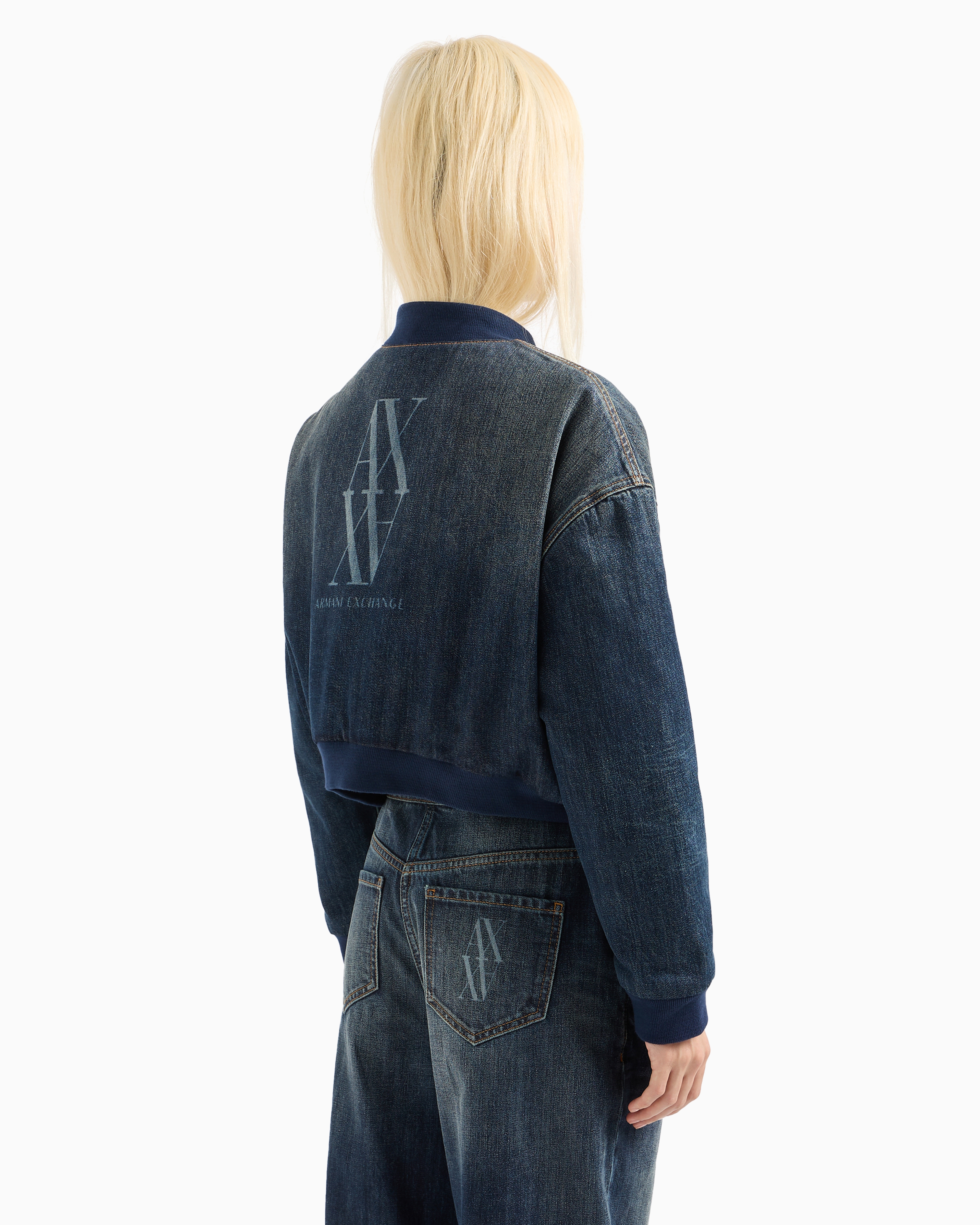 Shop Armani Exchange Rigid Denim Jacket With Monogram Logo On The Back In Dark Blue