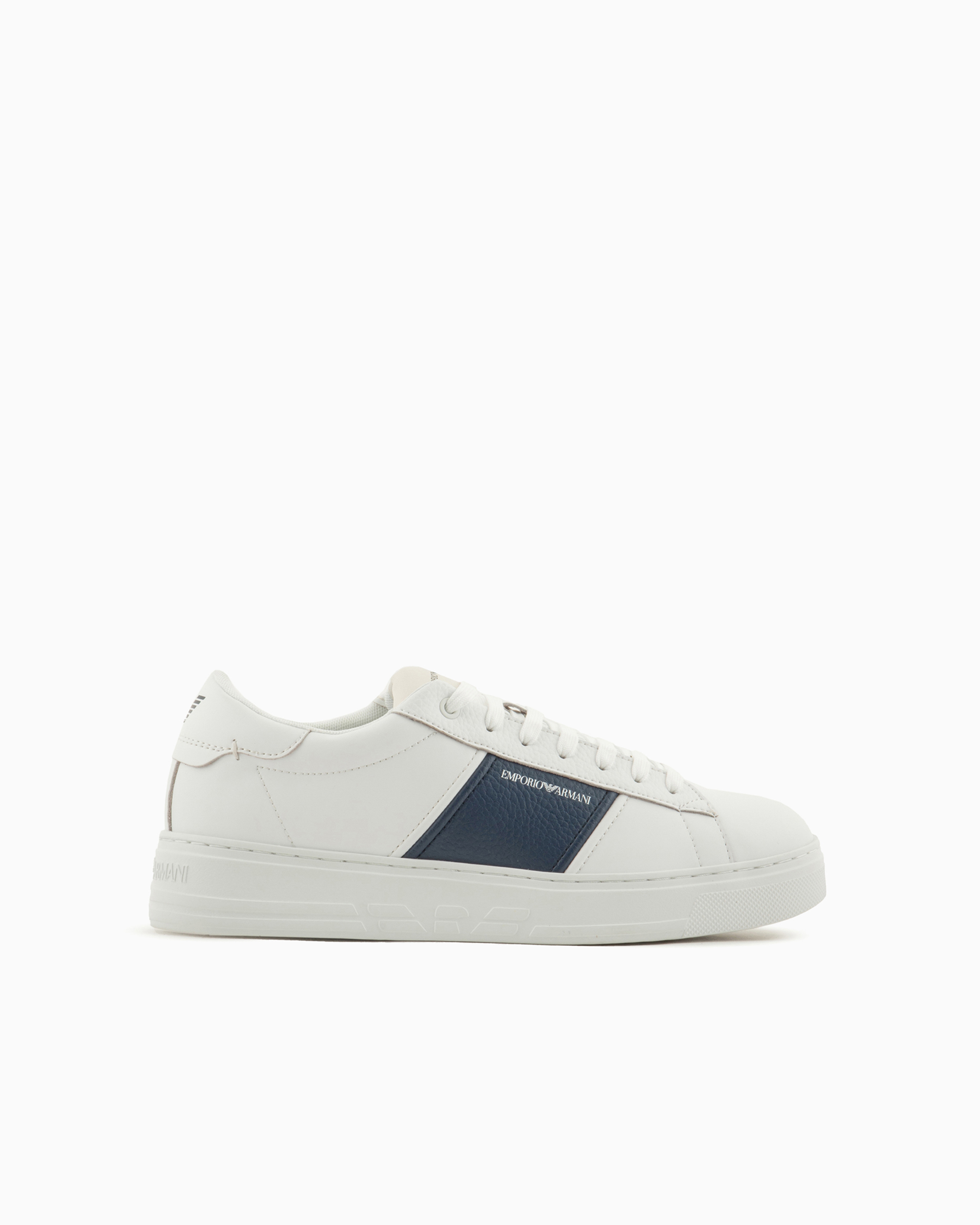 Emporio Armani Calf Leather Grained Texture Sneakers In White
