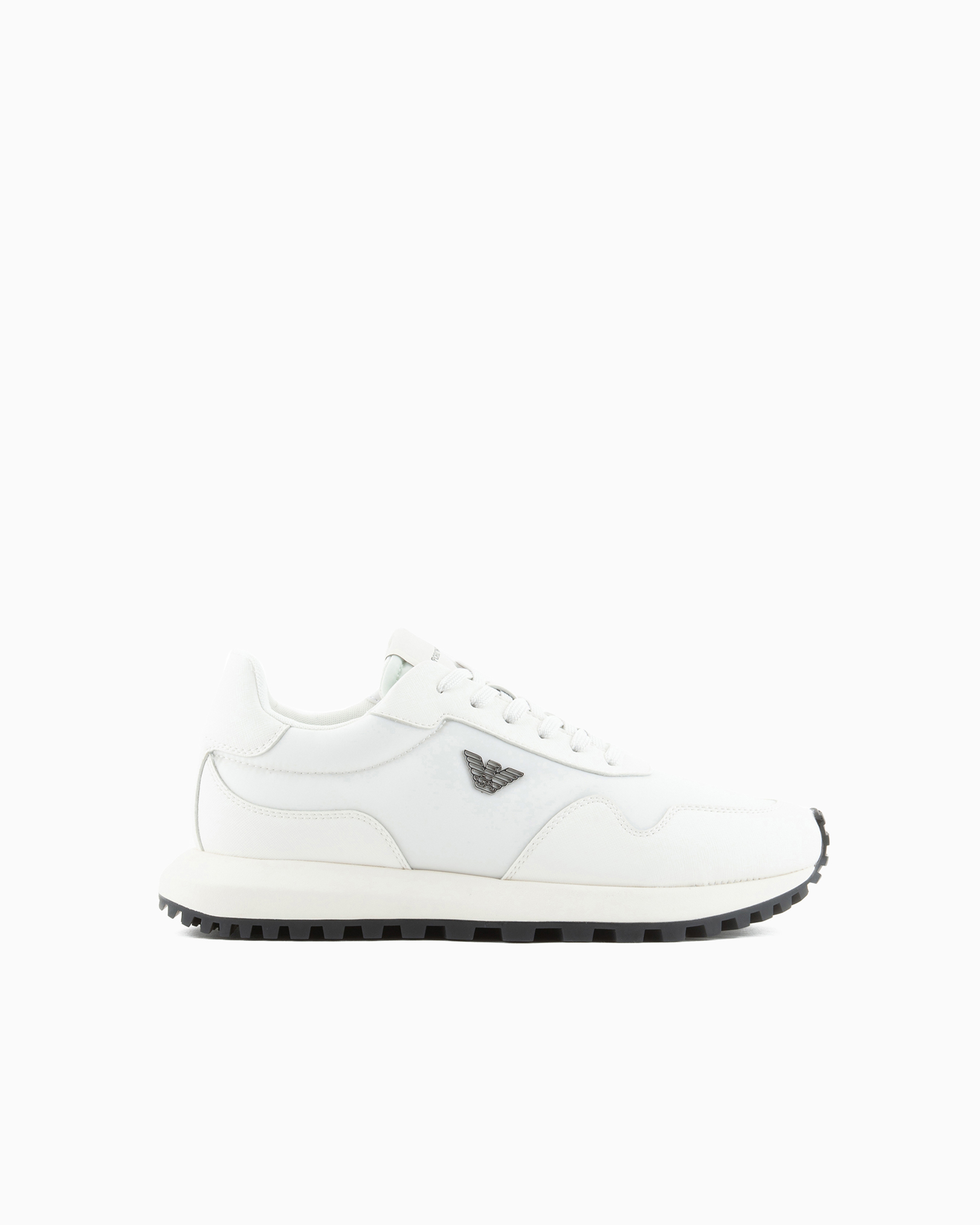 Emporio Armani Official Store Armani Sustainability Values Recycled Nylon Sneakers With Regenerated Saffiano Detail In White