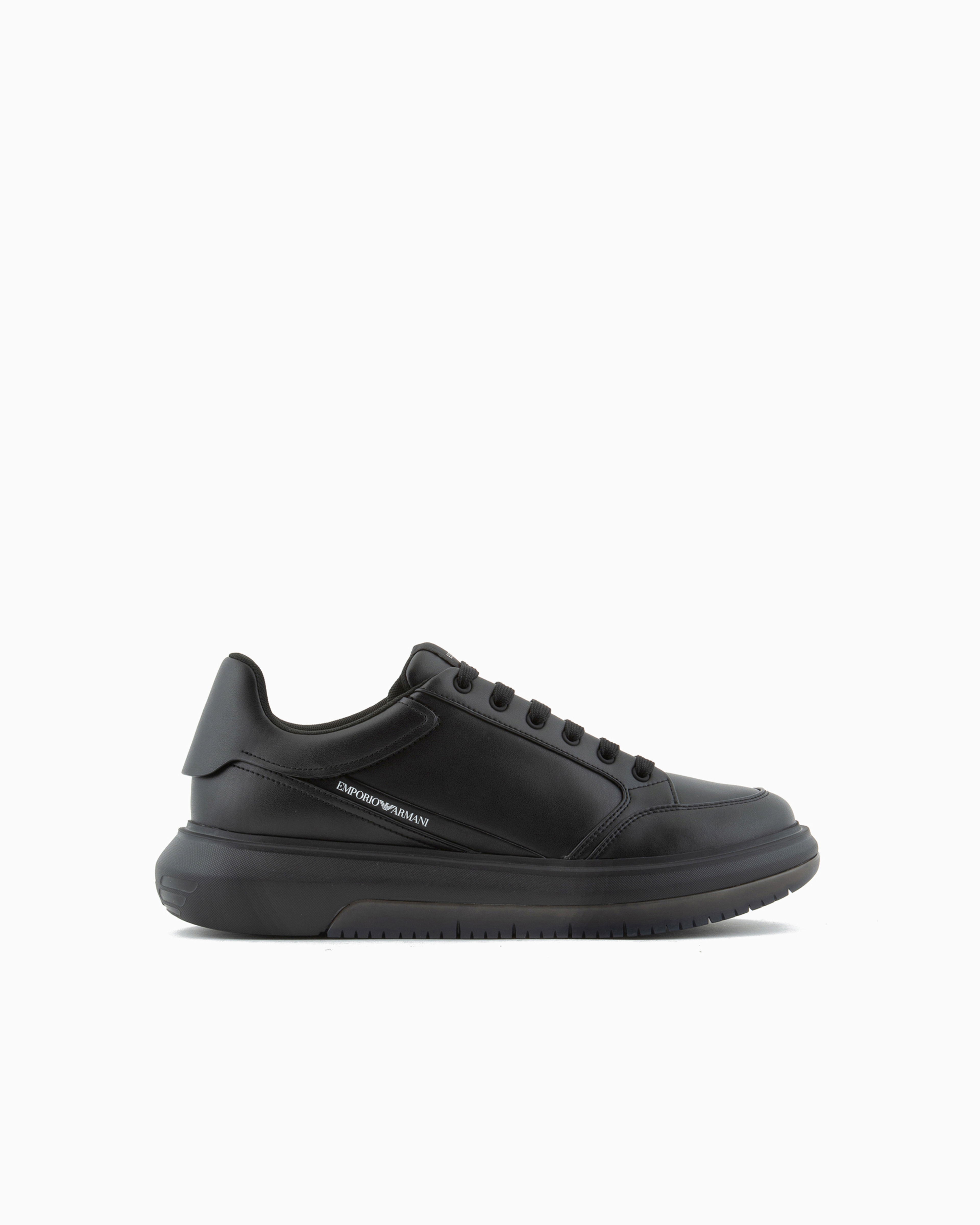 Emporio Armani Official Store Leather Sneakers With Side Logo In Black