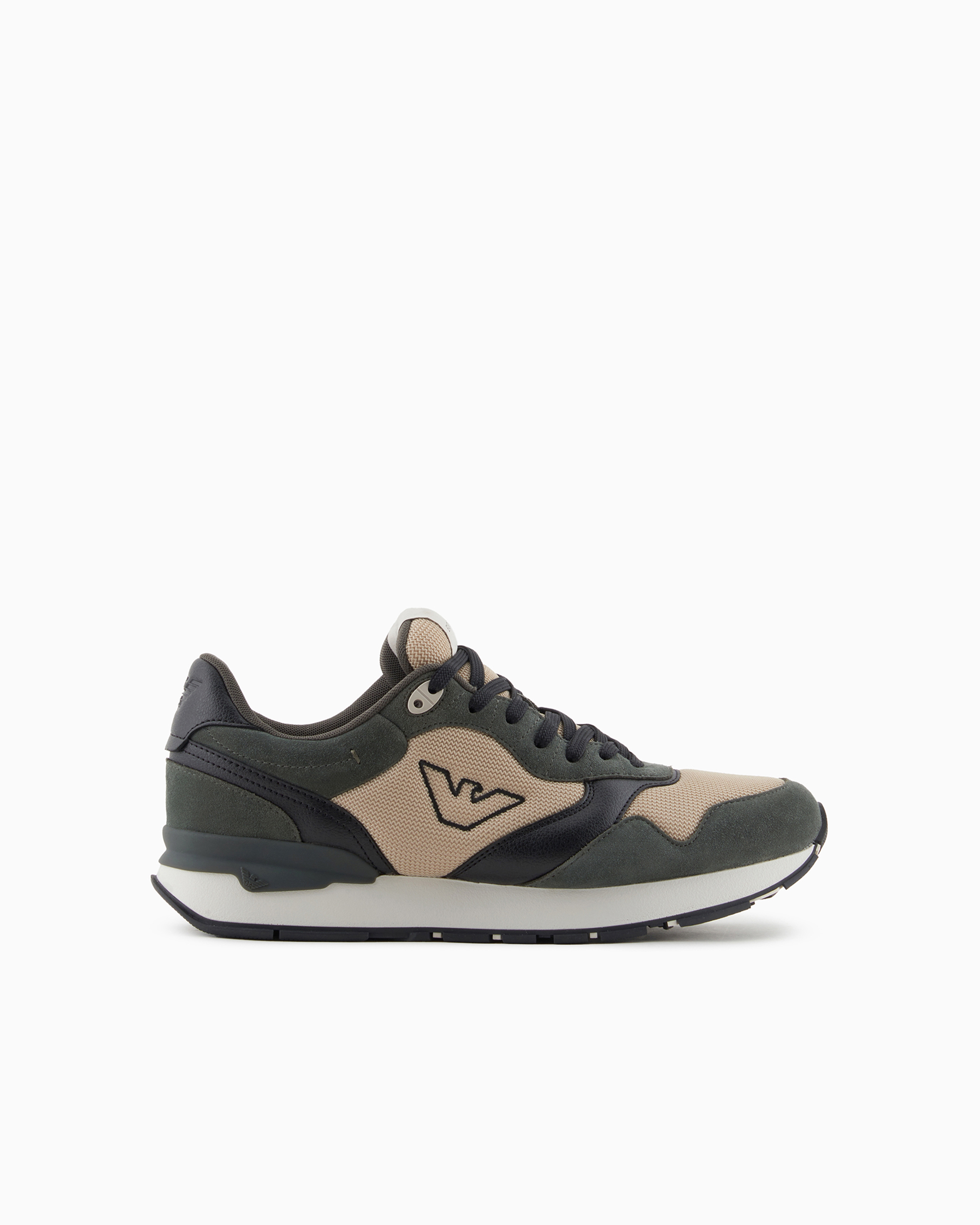 Emporio Armani Official Store Mesh And Suede Sneakers With Side Eagle In Military Green