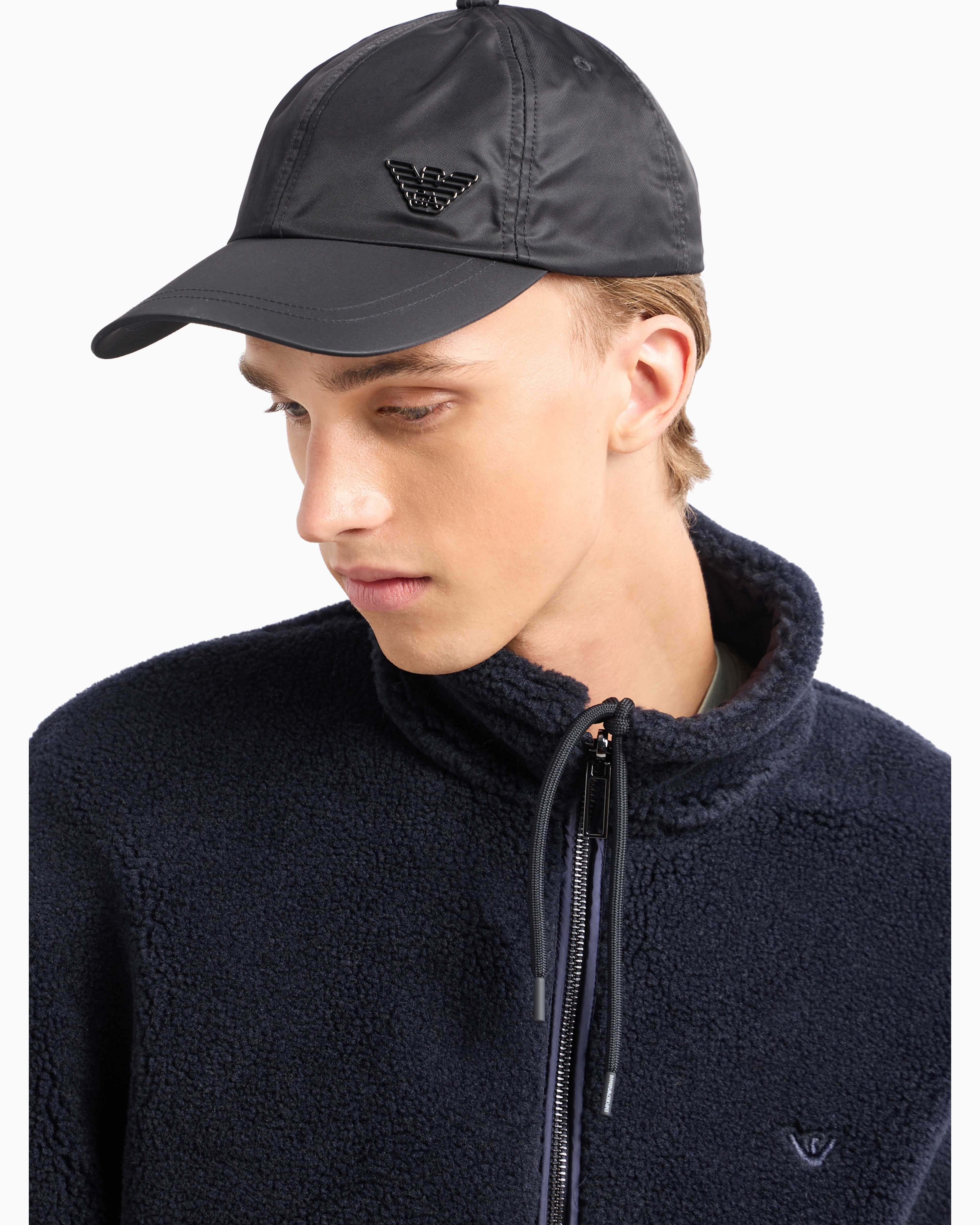 Emporio Armani Official Store Nylon Baseball Cap With Eagle Plate In Black