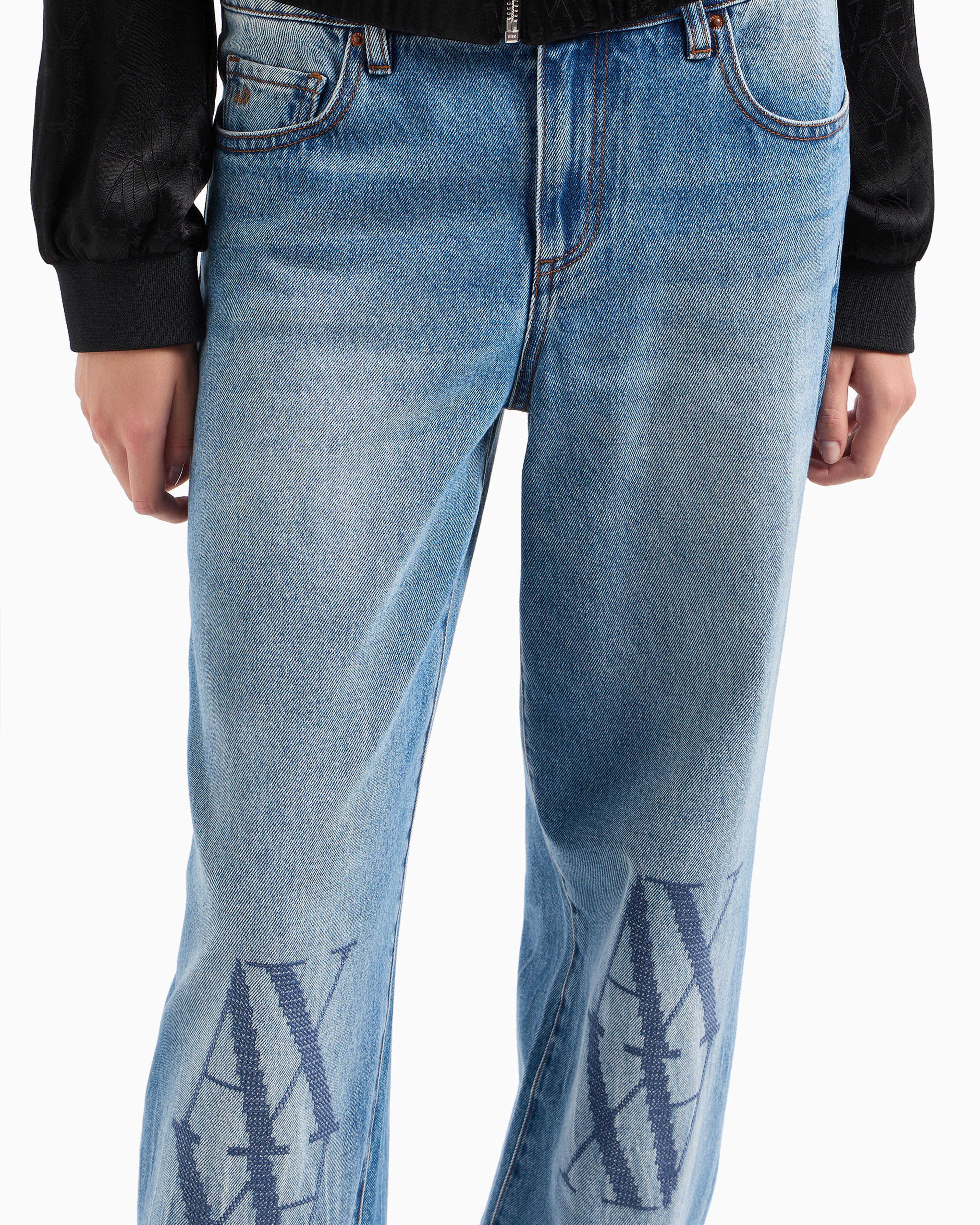 Shop Armani Exchange Relaxed Fit Jeans In Stiff Denim With Embroidered Monogram In Medium Blue