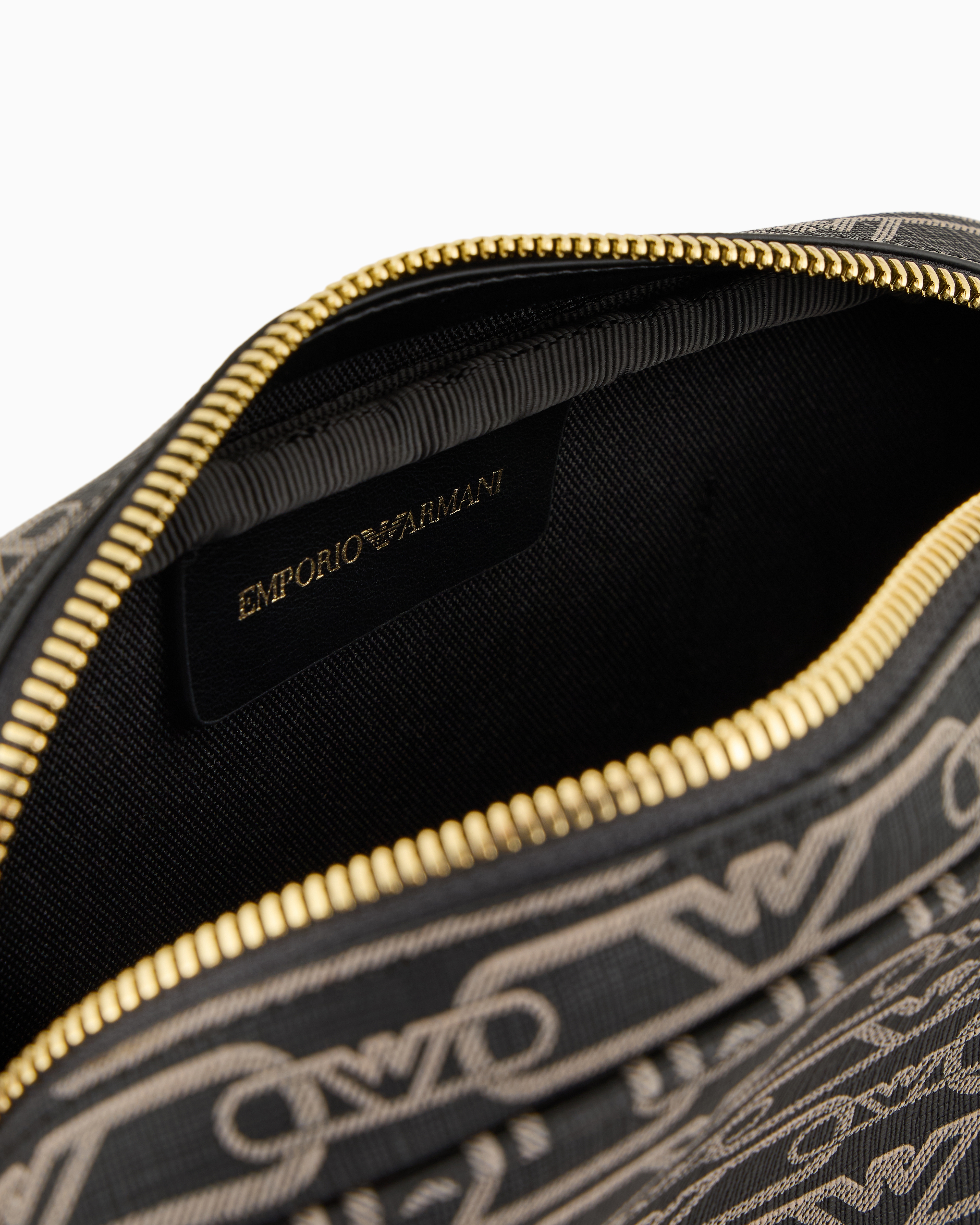 Emporio Armani Official Store Camera Case With Shoulder Strap And All-over Monogram Print In Noir