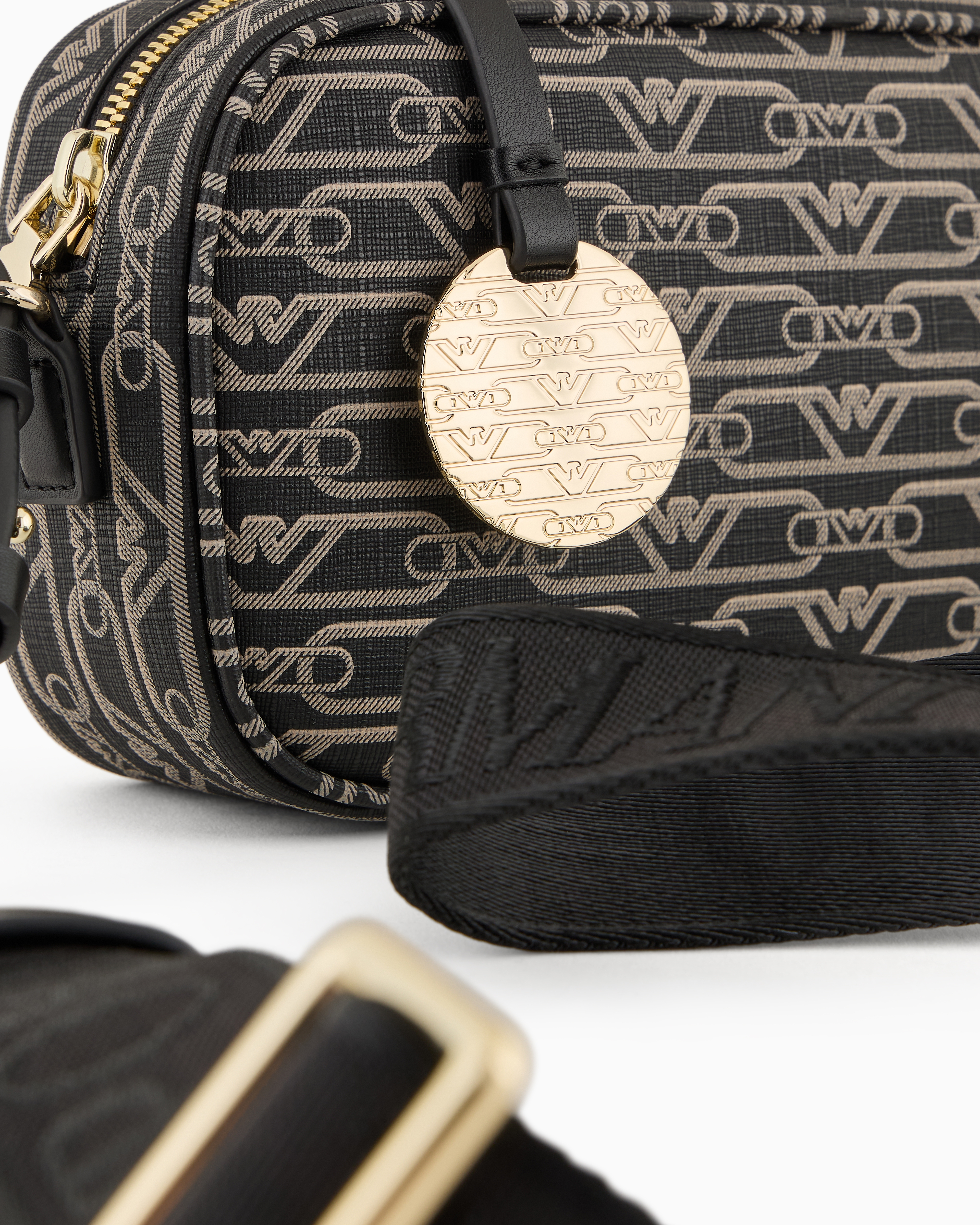 Emporio Armani Official Store Camera Case With Shoulder Strap And All-over Monogram Print In Noir