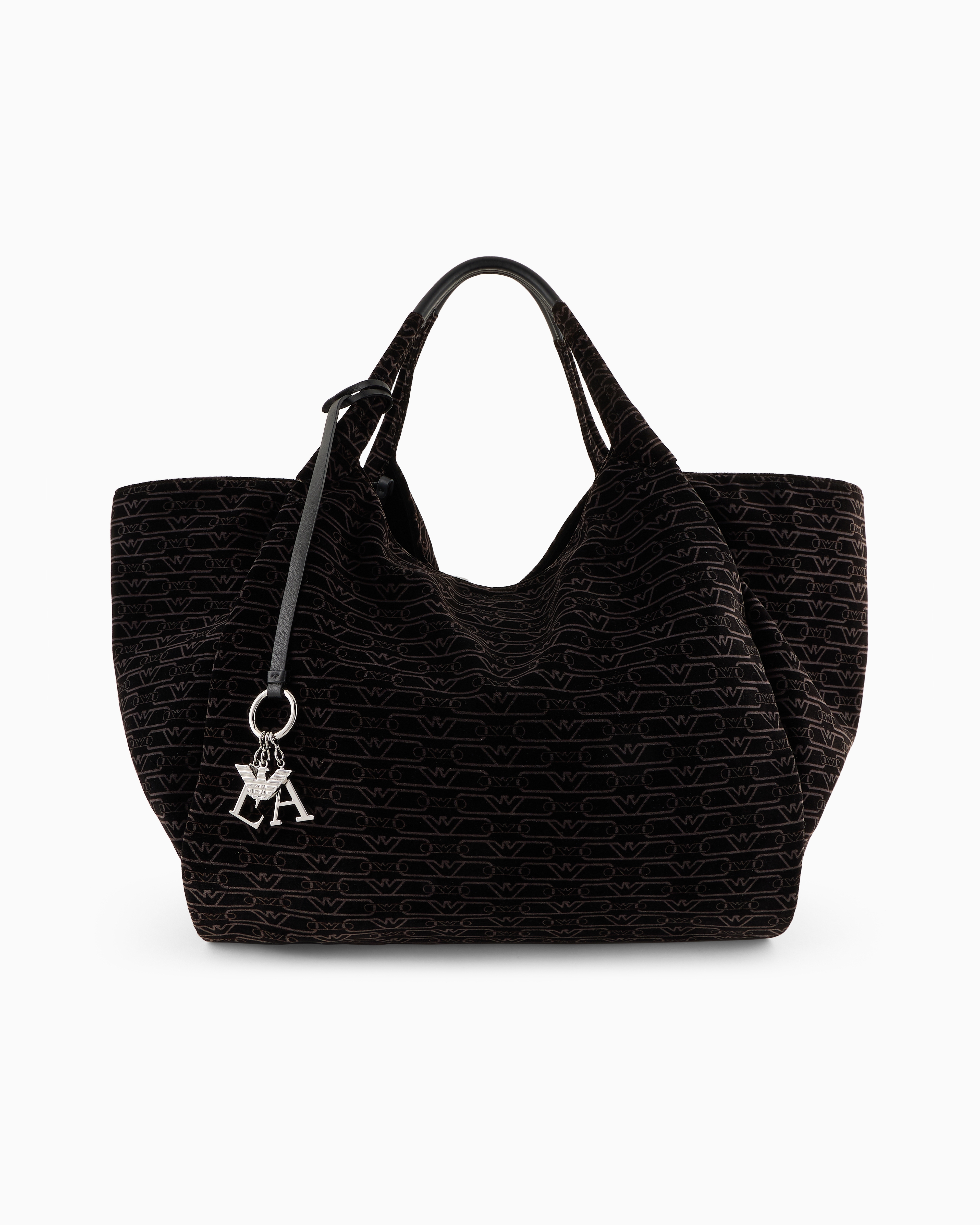 Emporio Armani Official Store Oversized Shopper Bag In All-over Monogram Velvet In Black