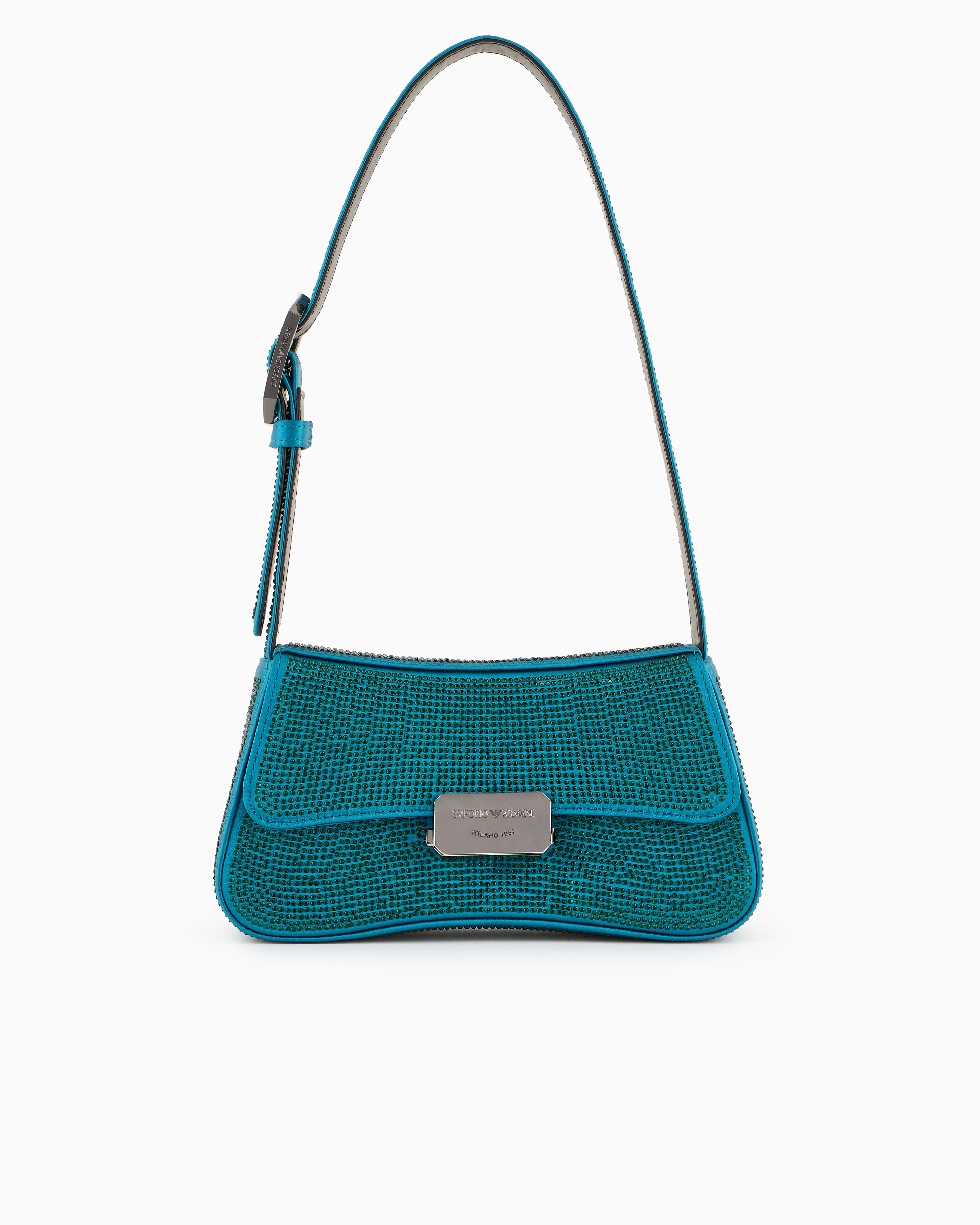 Emporio Armani Satin Baguette Shoulder Bag With Rhinestones In Bleu Pétrole