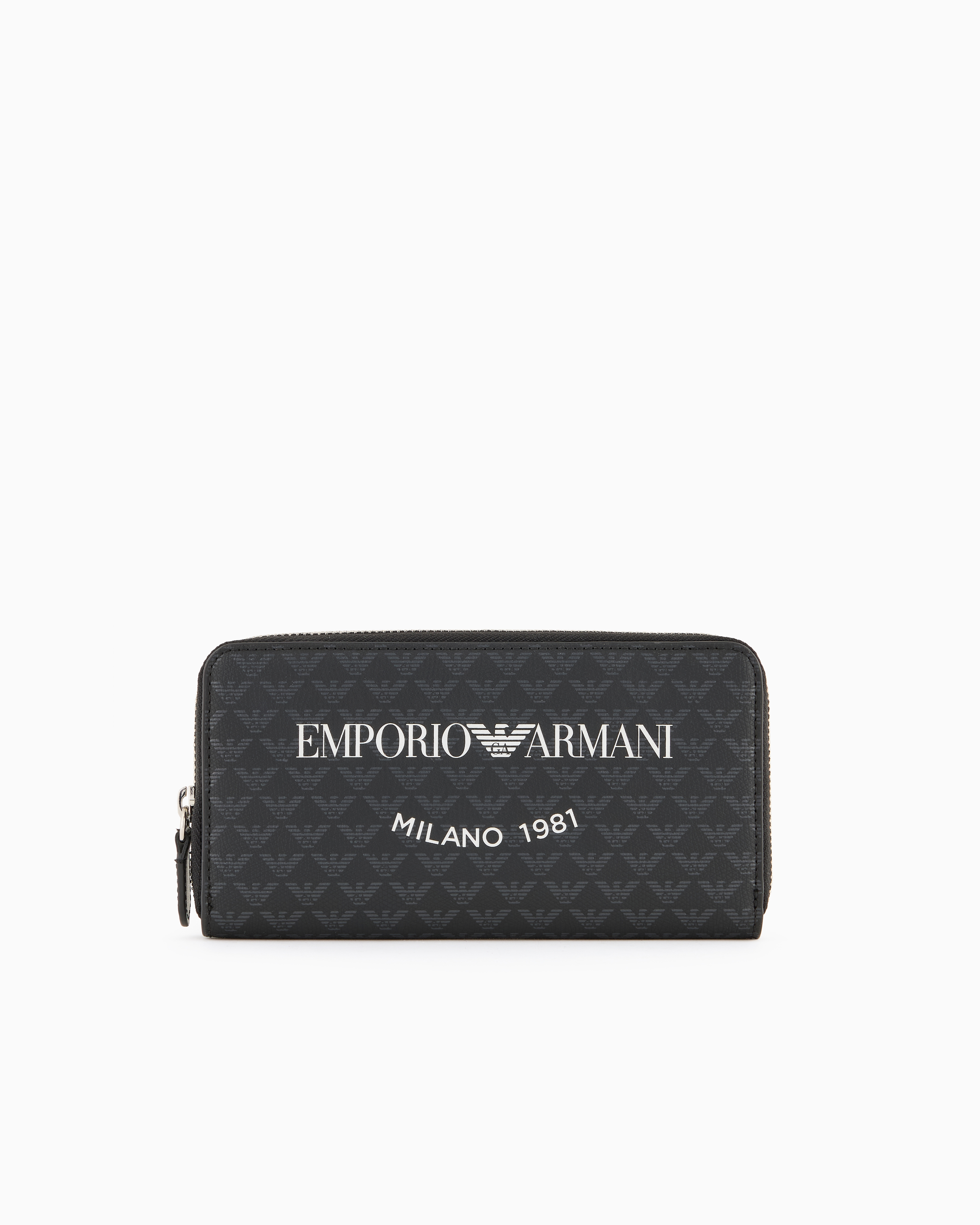 Emporio Armani Official Store Zip-around Wallet With All-over Eagle And Milano 1981 Logo Print In Bianco E Nero