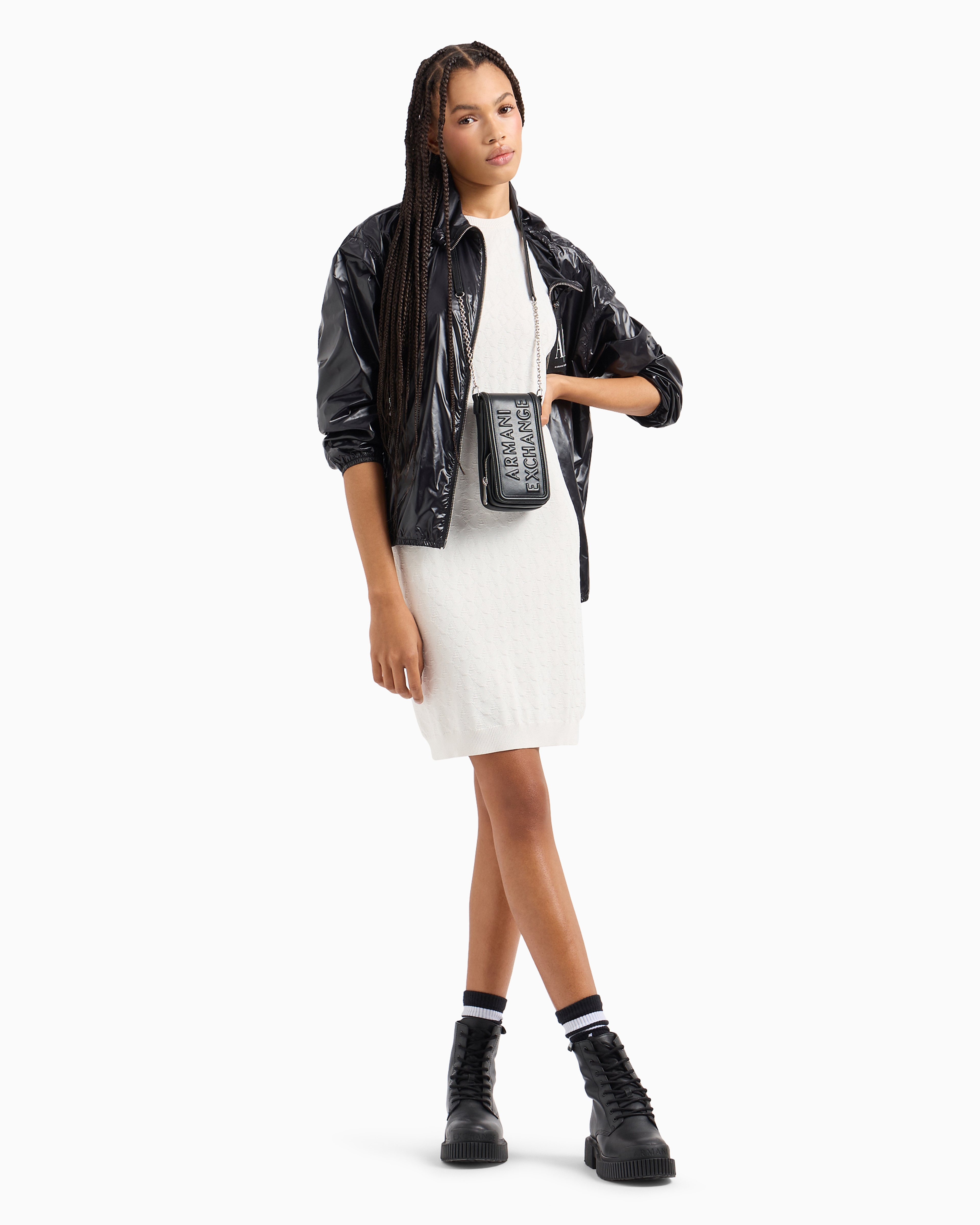 Armani Exchange Fitted Midi Dress With Textured Fabric In White