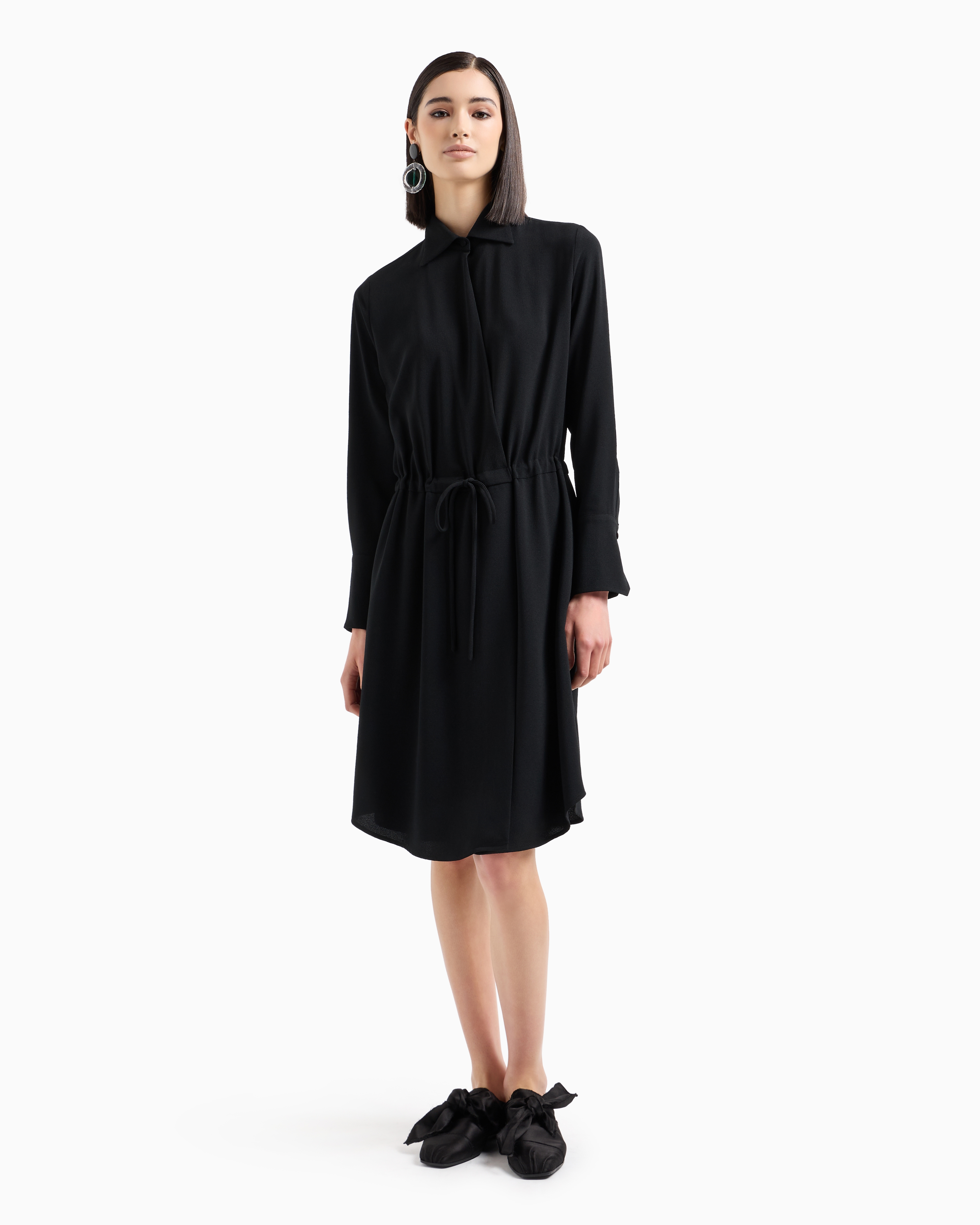 Emporio Armani Stretch Sablé Fabric Drawstring Dress In Black