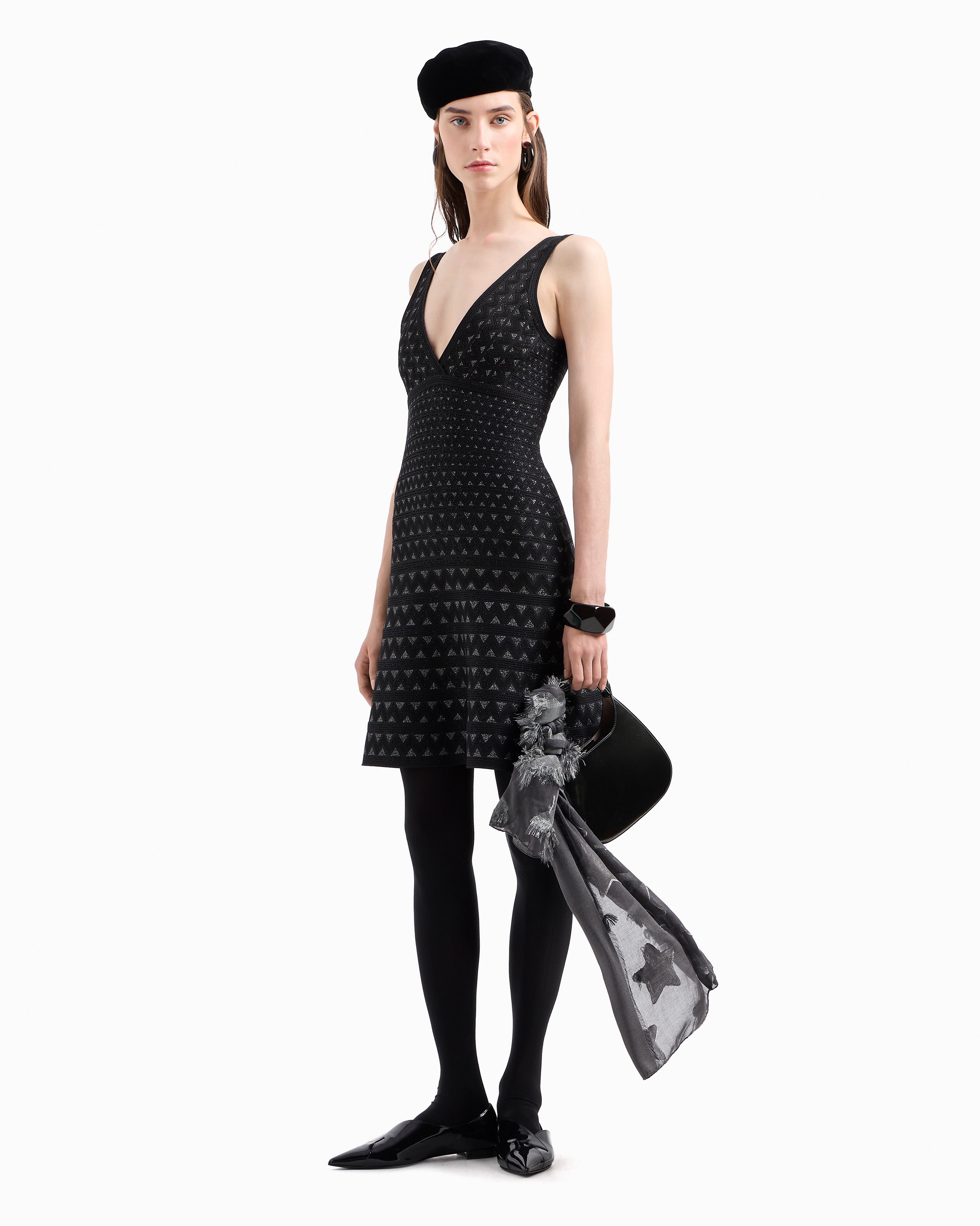 EMPORIO ARMANI MOON CAPSULE COLLECTION TWO-TONE JACQUARD STRETCH-KNIT FLARED DRESS 