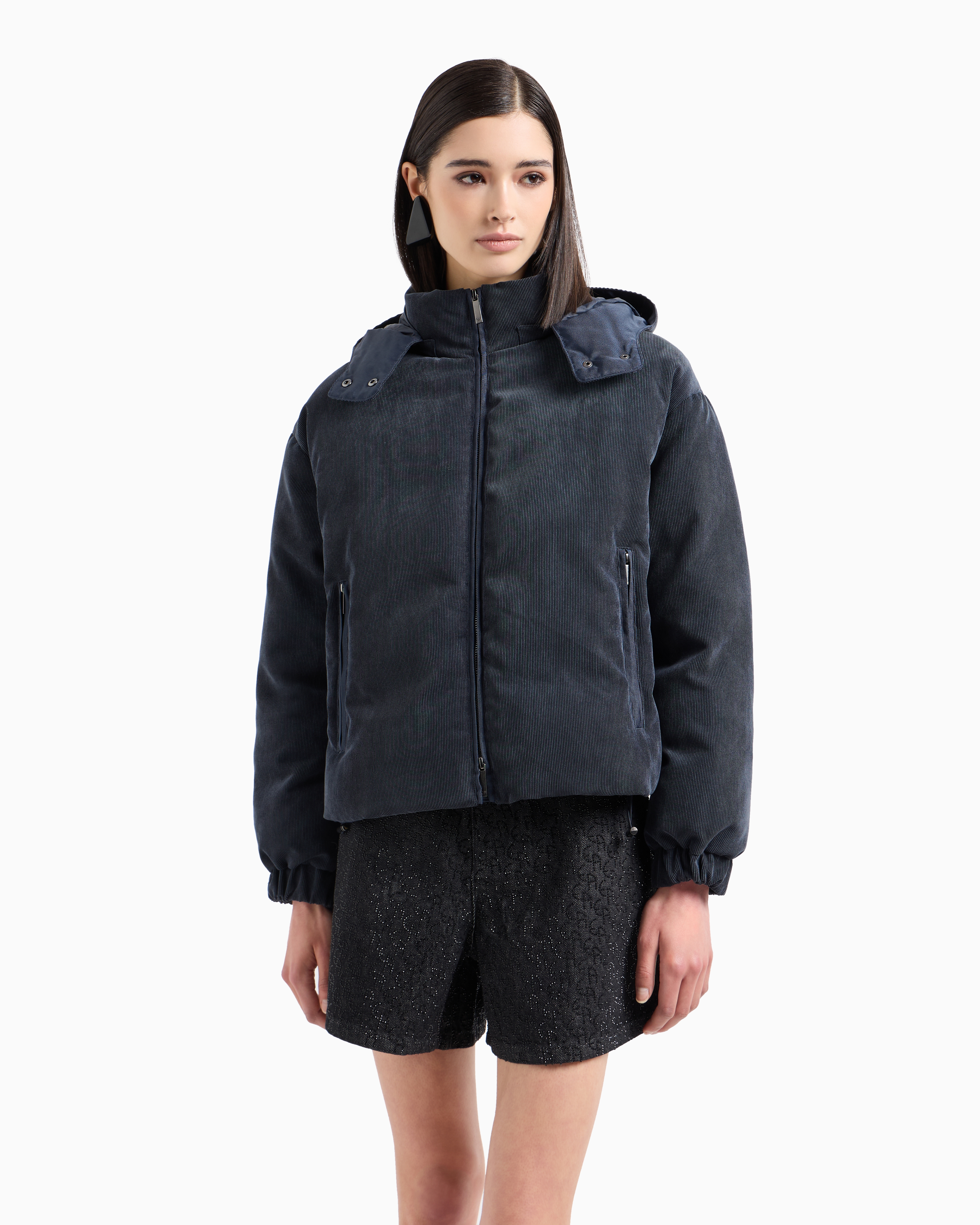 Shop Emporio Armani Asv Water-repellent Corduroy Down Jacket With Hood And Recycled Down In Navy Blue