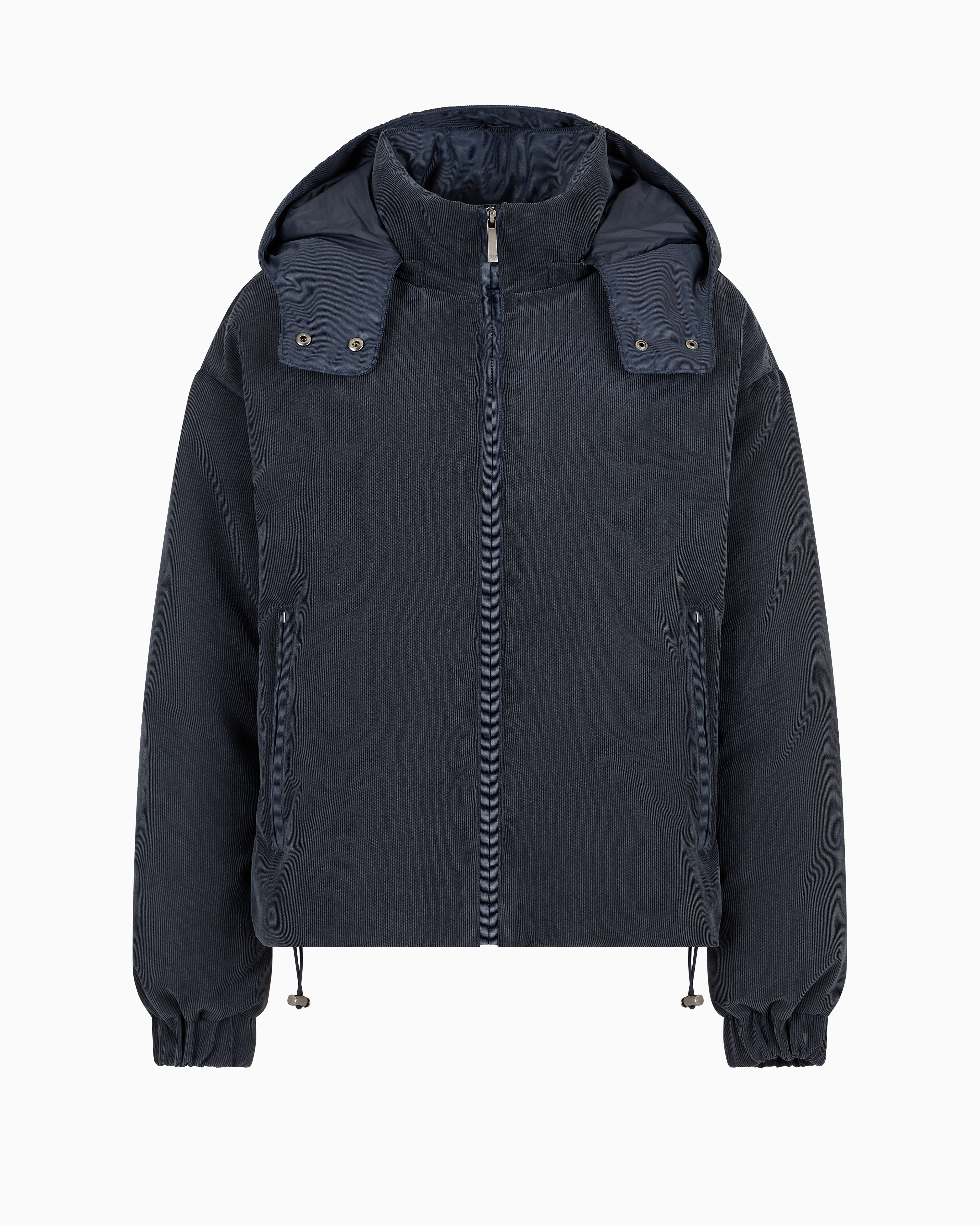 Emporio Armani Official Store Asv Water-repellent Corduroy Down Jacket With Hood And Recycled Down In Navy Blue