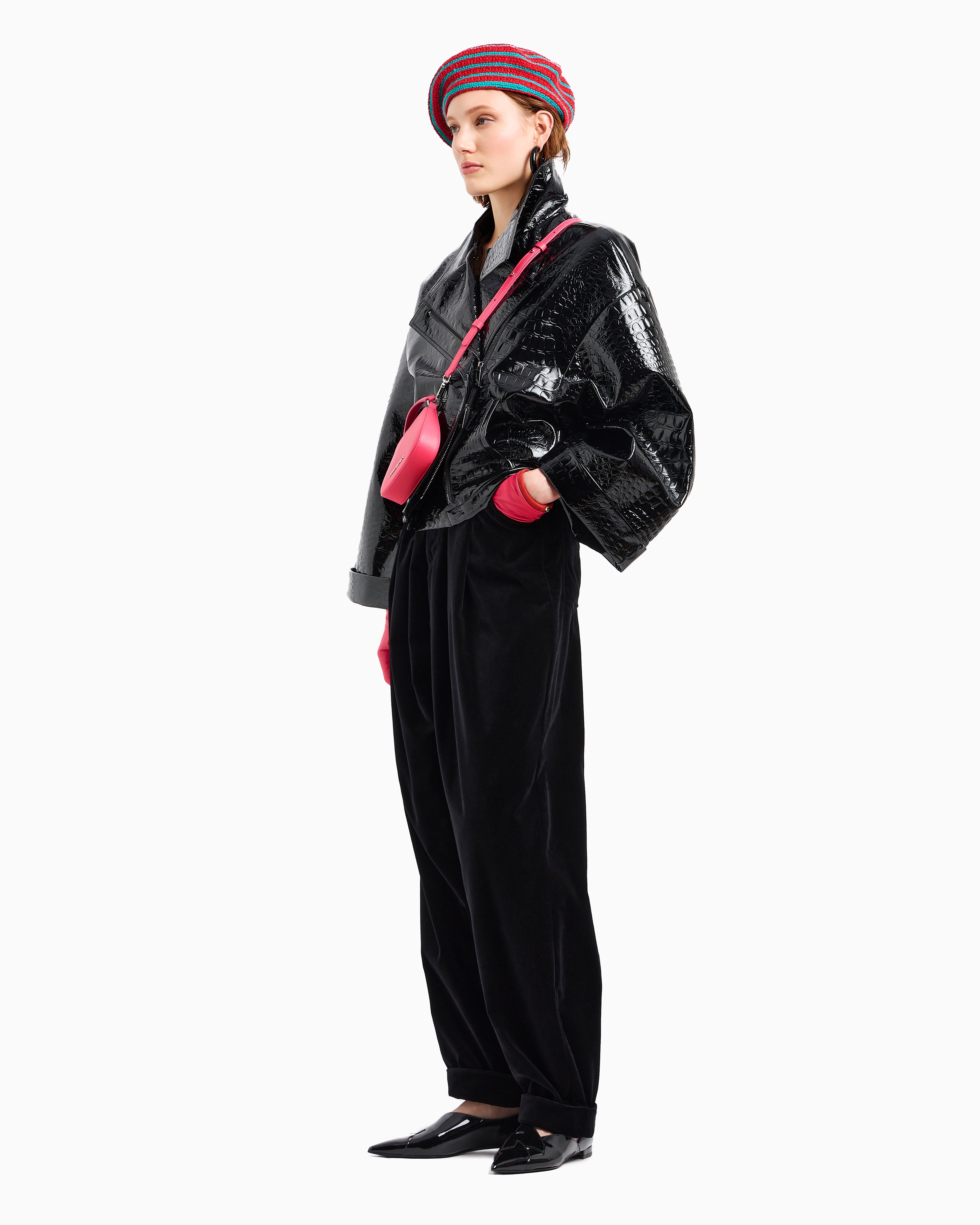 Shop Emporio Armani Mock Croc Vinyl Blouson With Kimono Sleeves In Noir