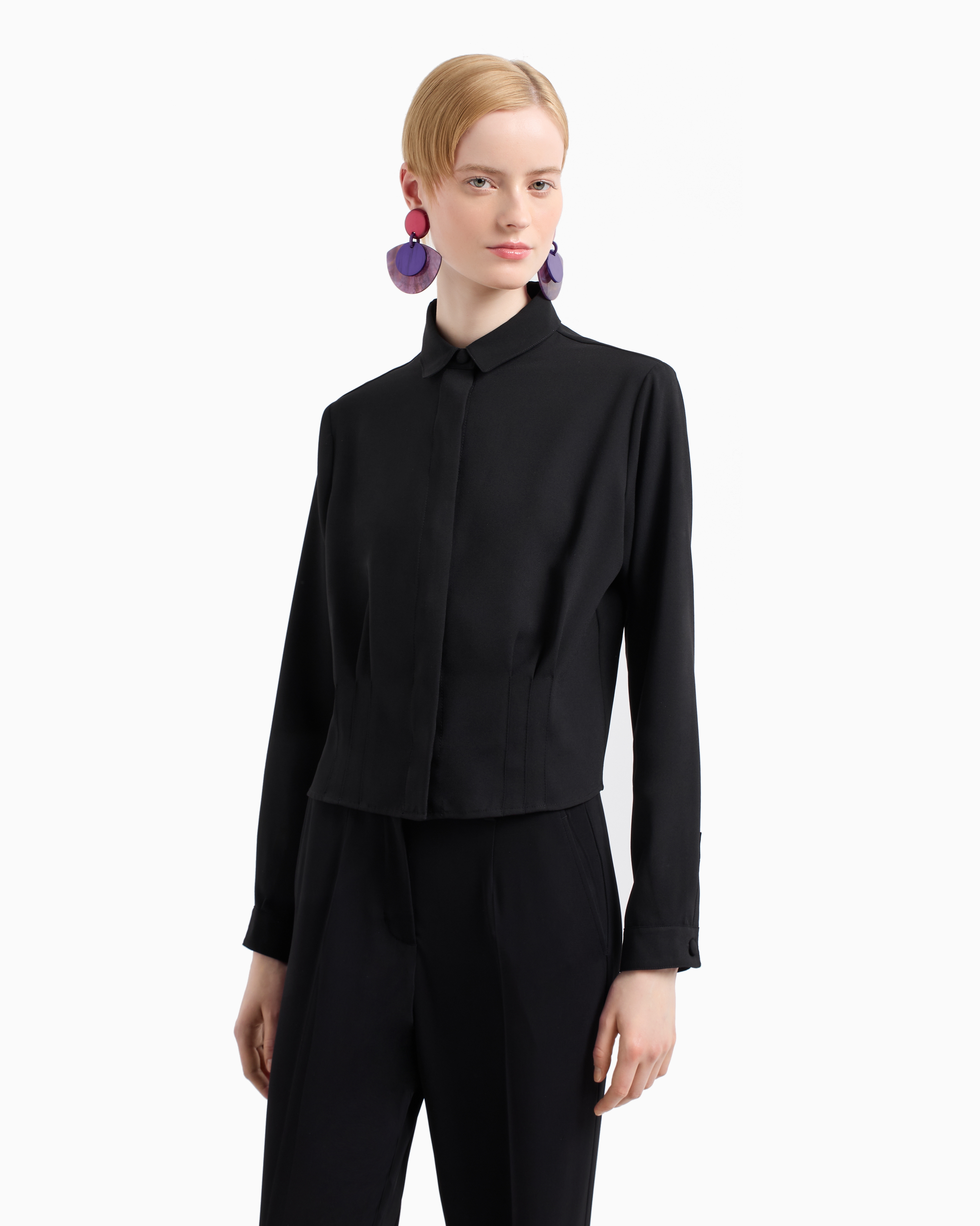 Shop Emporio Armani Asv Cropped Shirt In Recycled Crepe Fabric With Martingale In Black