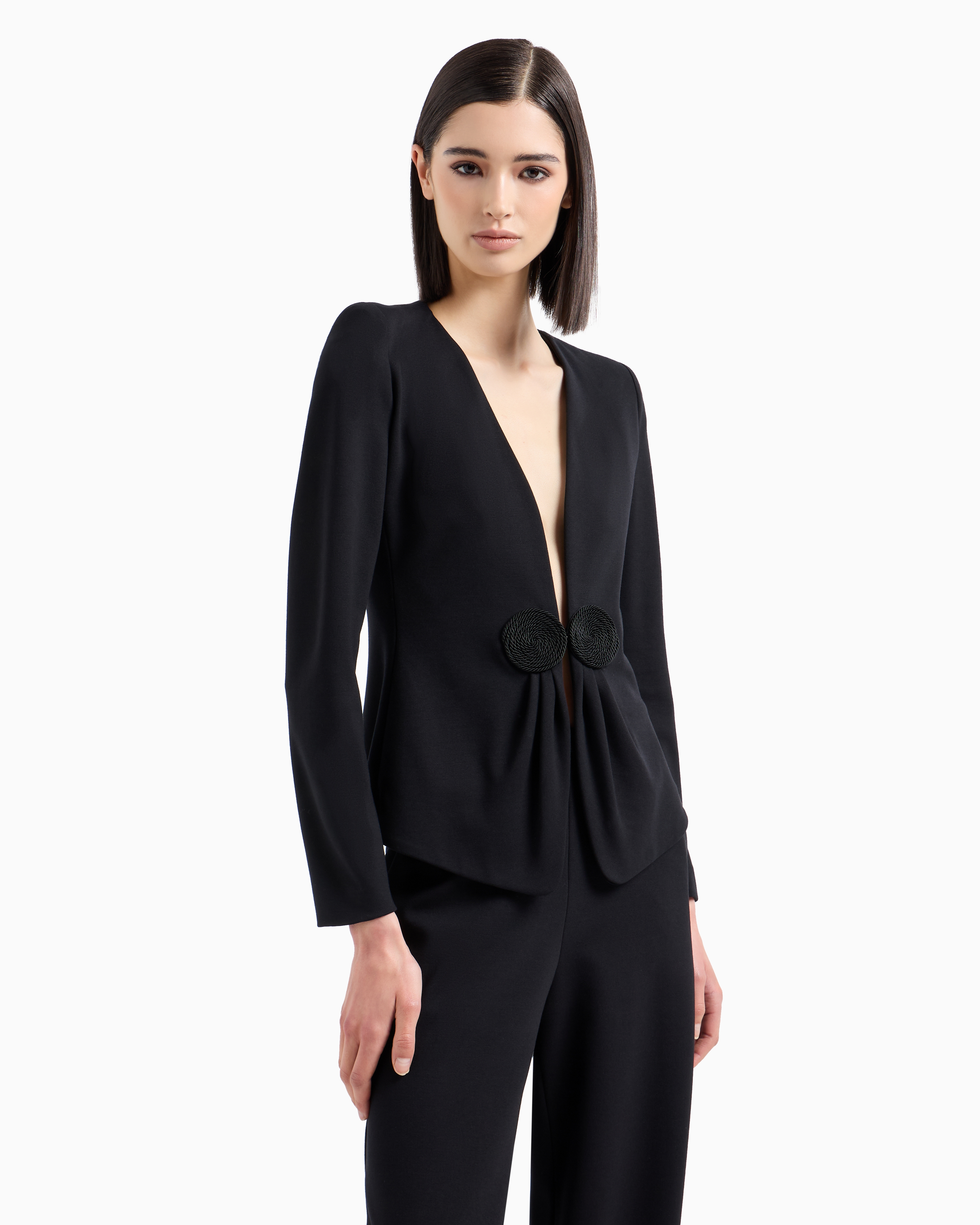 Emporio Armani Official Store V-neck Jacket In Stretch Milano-stitch Fabric With A Cordonnet Patch In Black