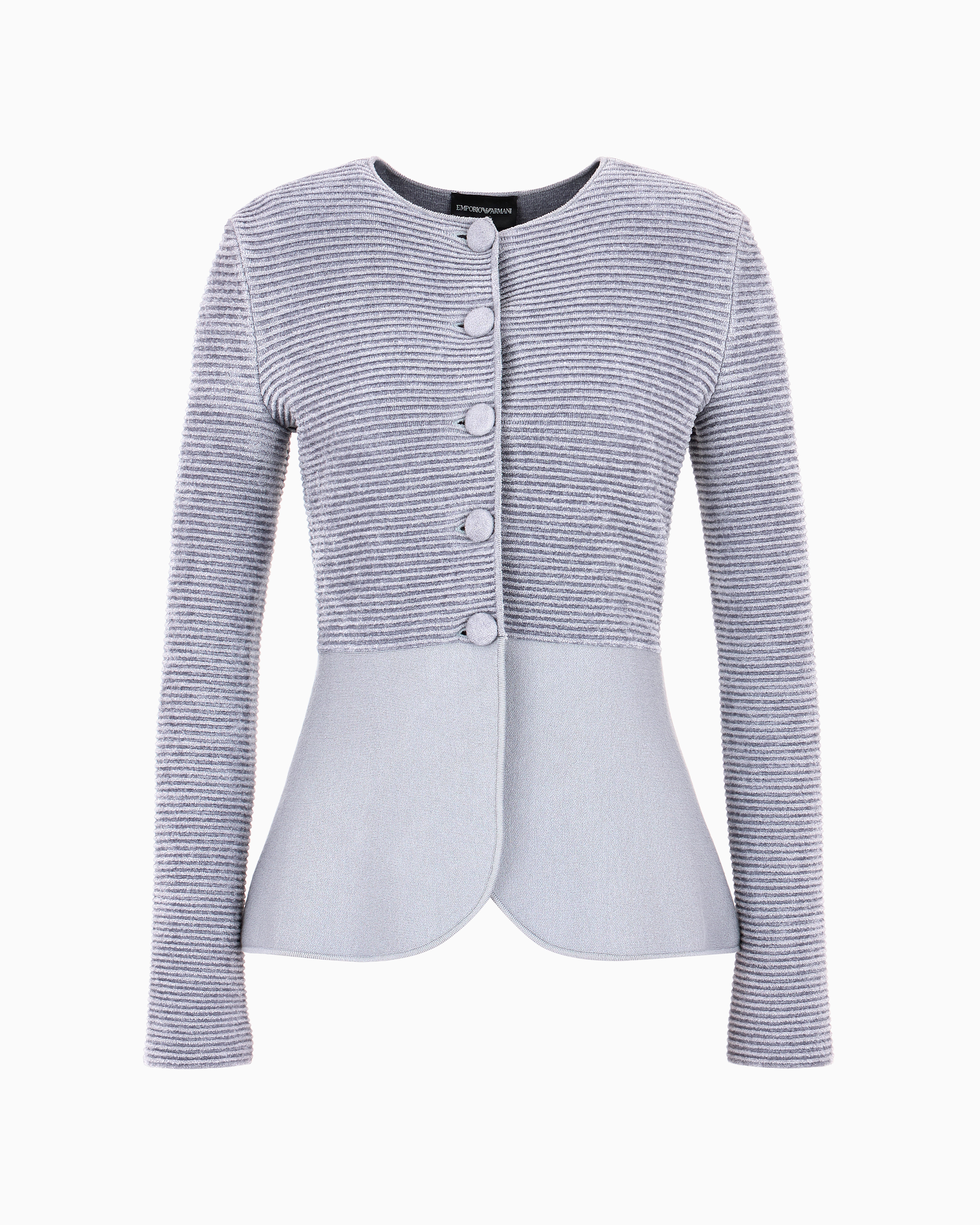 Emporio Armani Official Store Ottoman-fabric Cardigan Jacket With Peplum In Gray