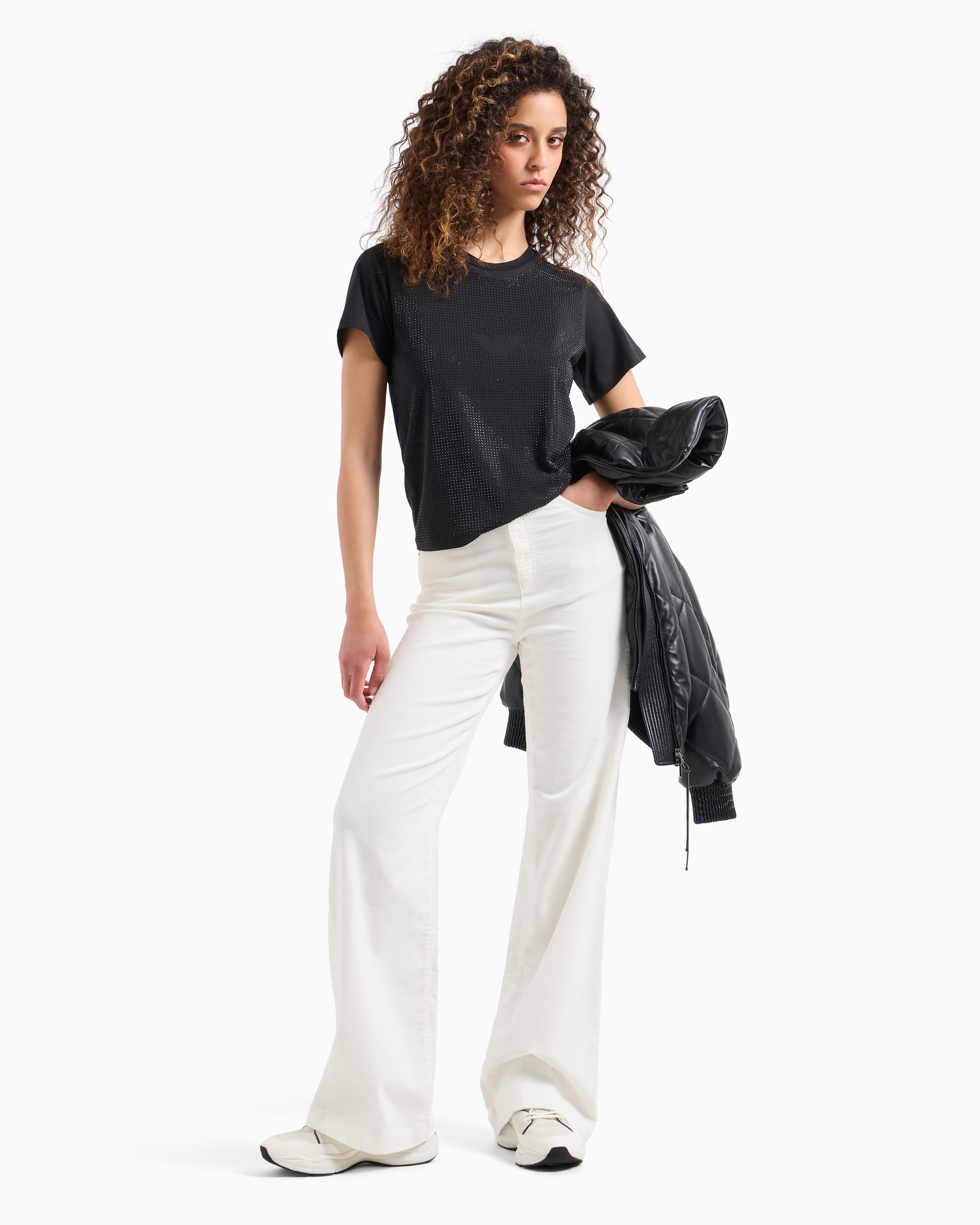 Shop Emporio Armani J14 High-waisted, Wide-leg Palazzo Trousers In Garment-dyed Corduroy In White