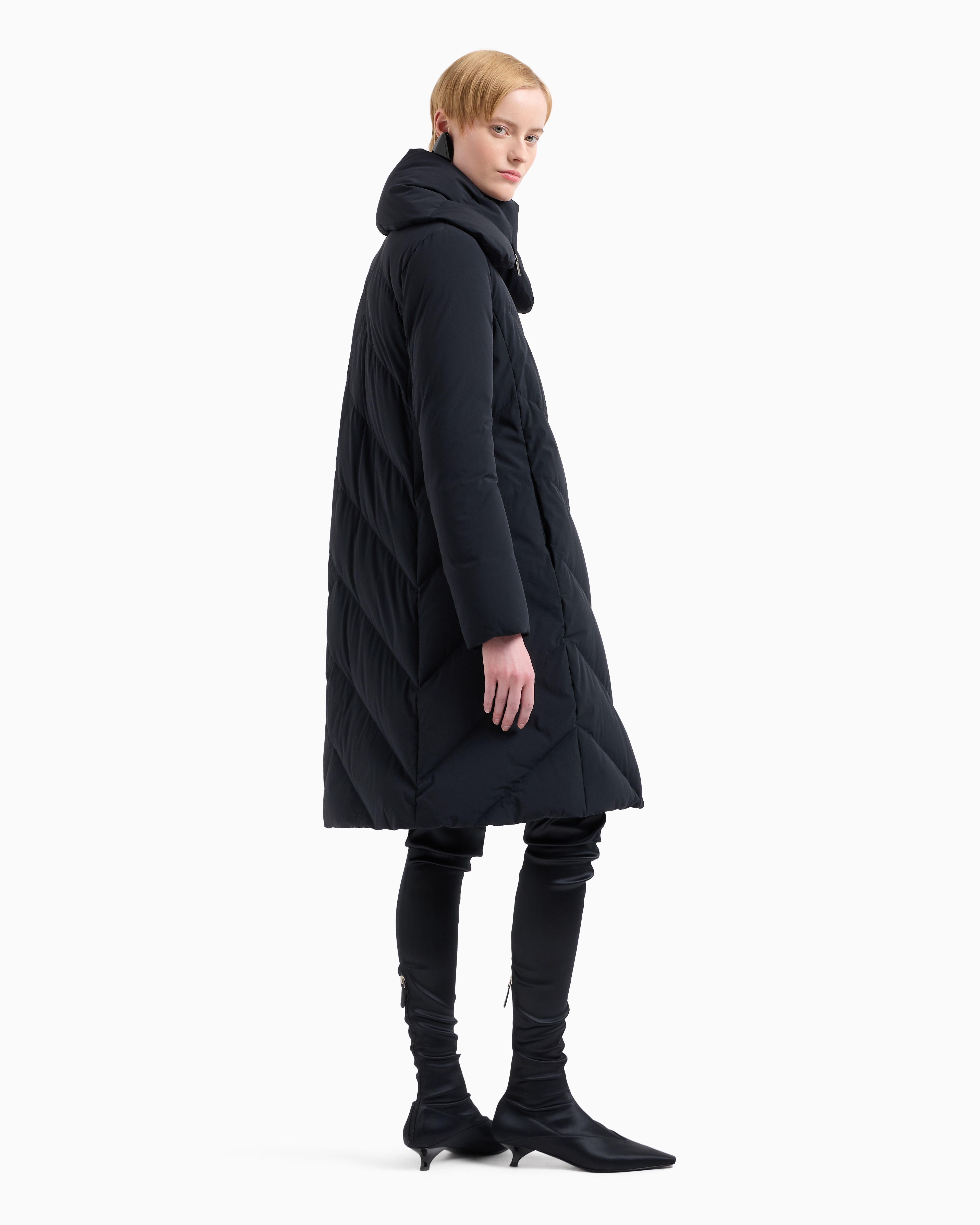 Emporio Armani Asv Water-repellent 3/4 Down Jacket In Quilted Nylon With Recycled Down In Black