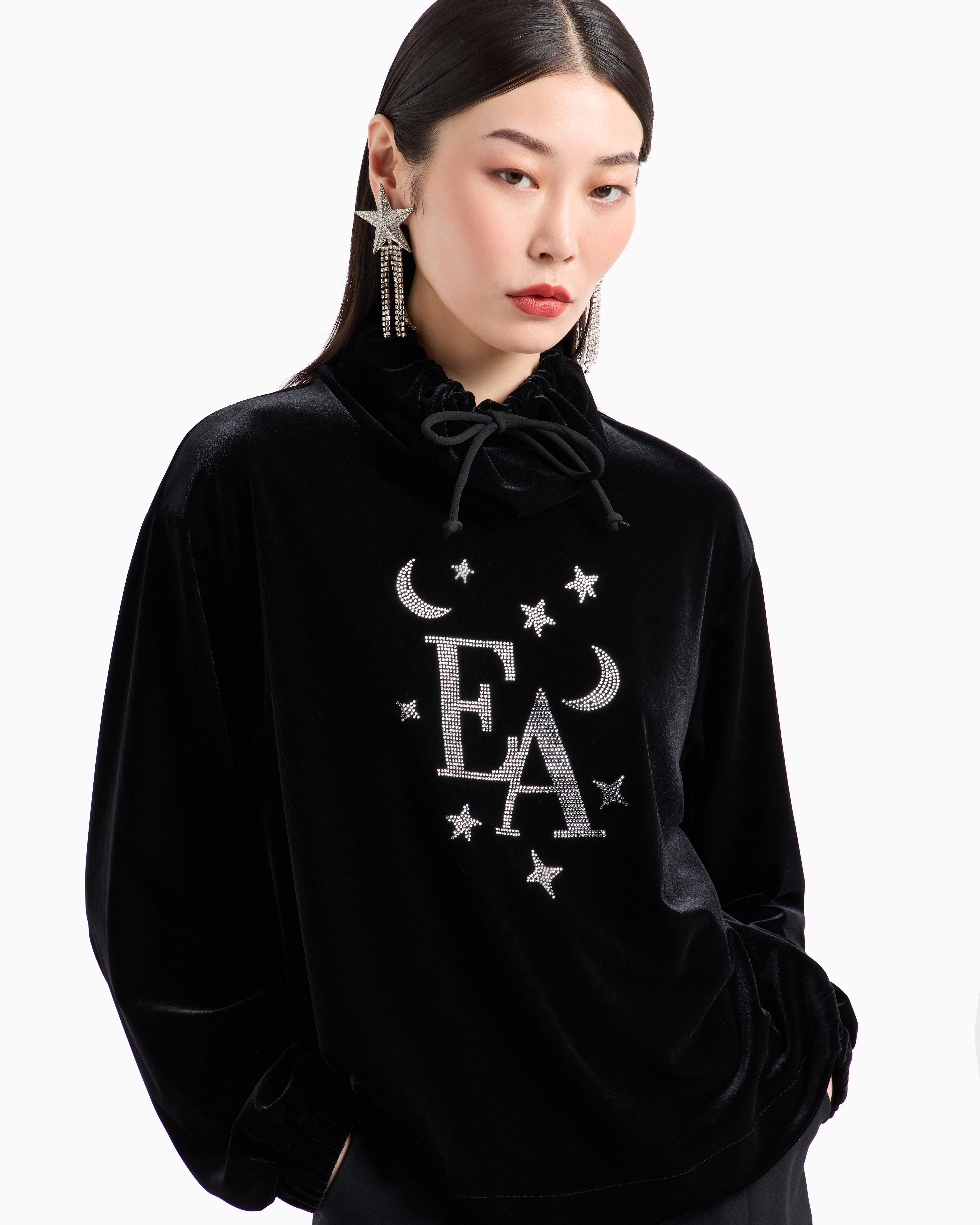 Emporio Armani Mock-neck Sweatshirt In Chenille With Moon And Stars Rhinestone Logo In Black