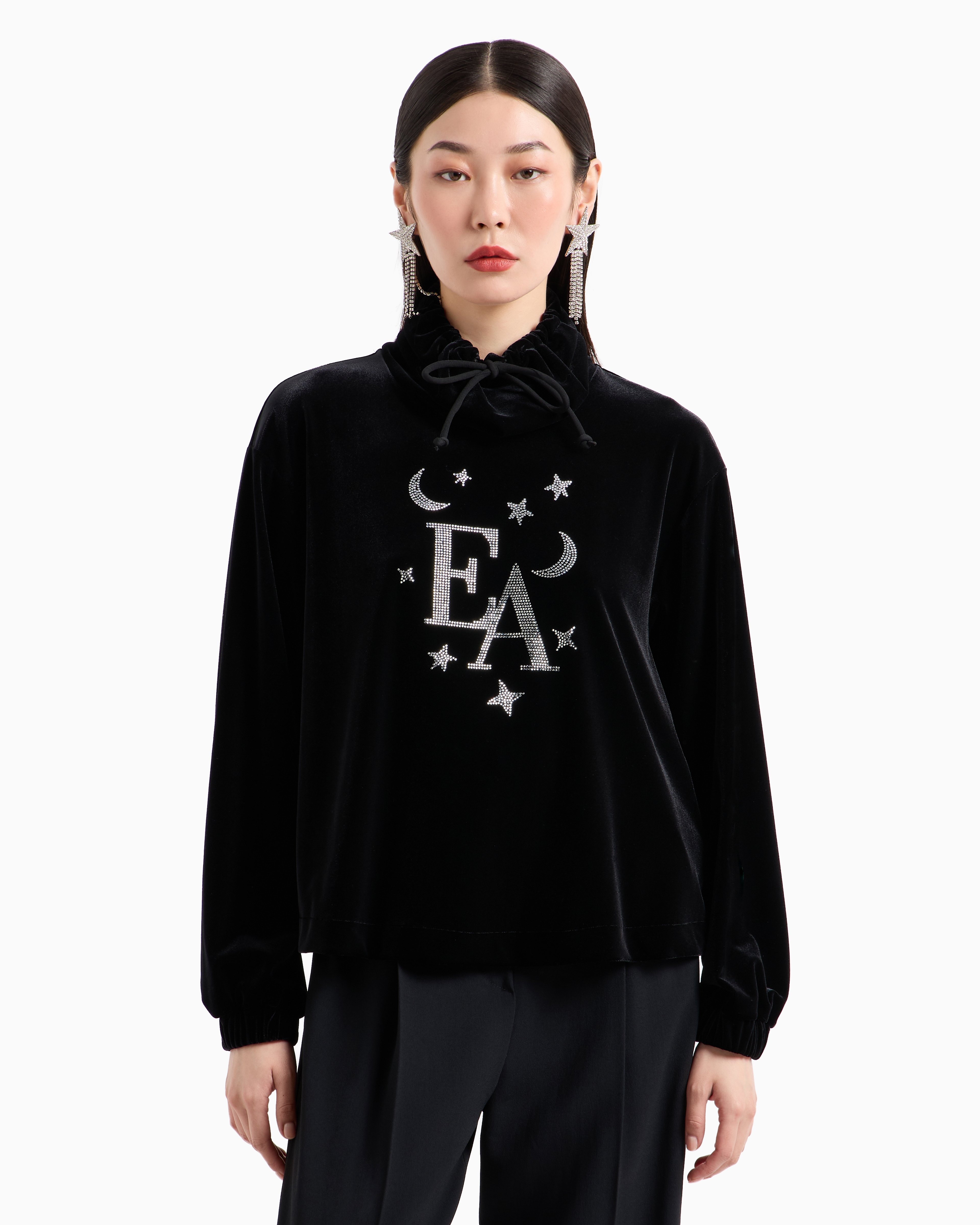 Emporio Armani Mock-neck Sweatshirt In Chenille With Moon And Stars Rhinestone Logo In Black