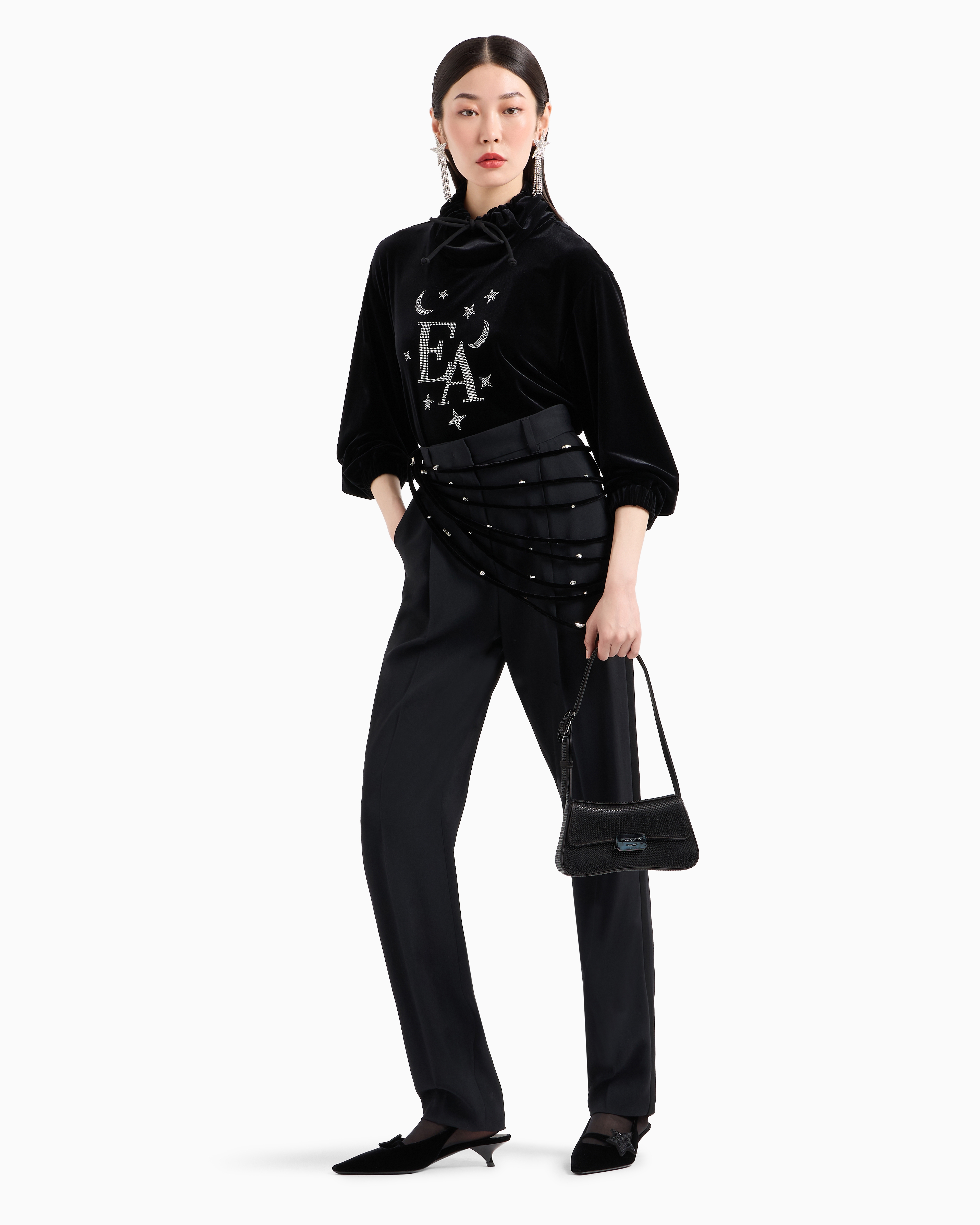 Emporio Armani Mock-neck Sweatshirt In Chenille With Moon And Stars Rhinestone Logo In Black