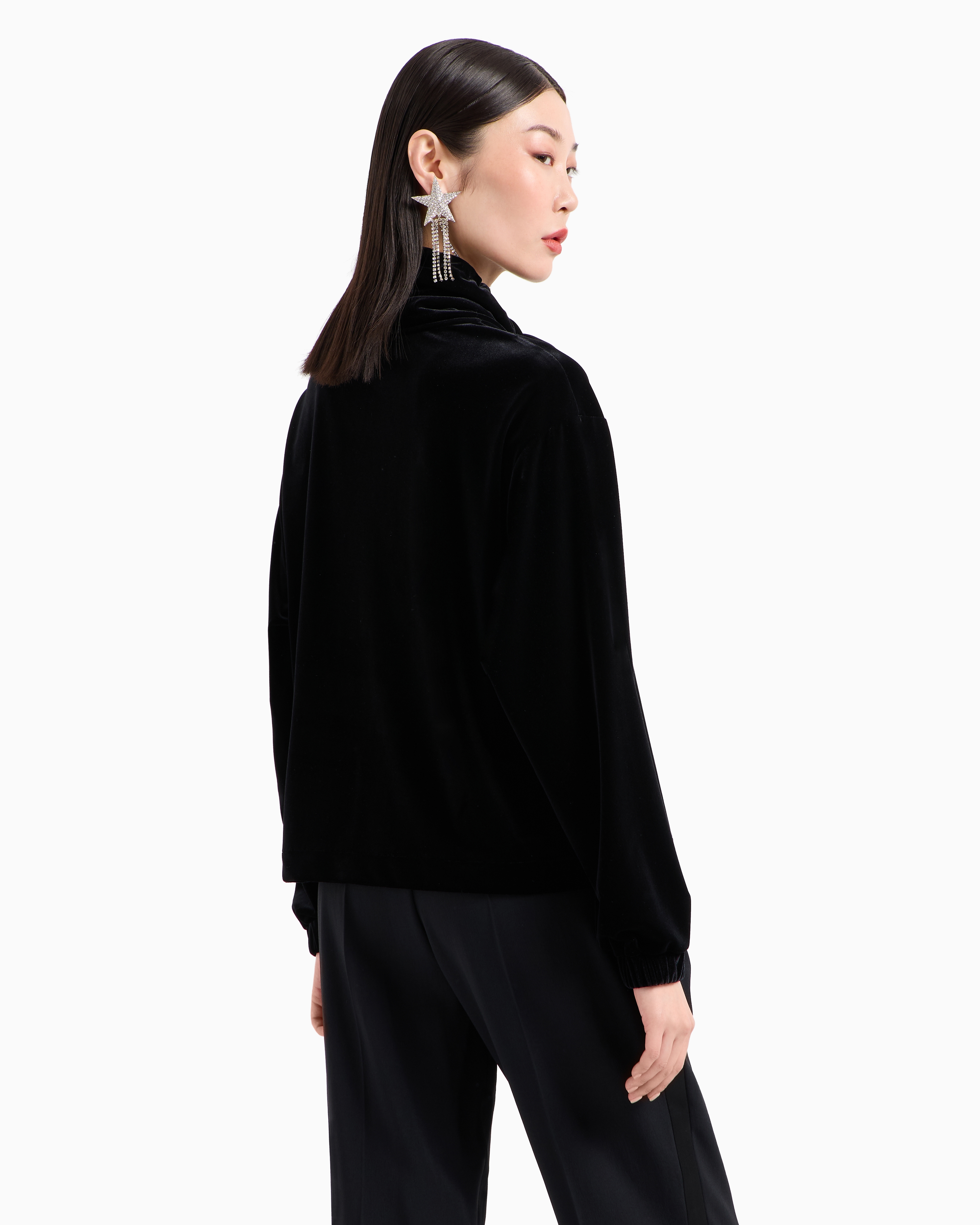 Emporio Armani Mock-neck Sweatshirt In Chenille With Moon And Stars Rhinestone Logo In Black