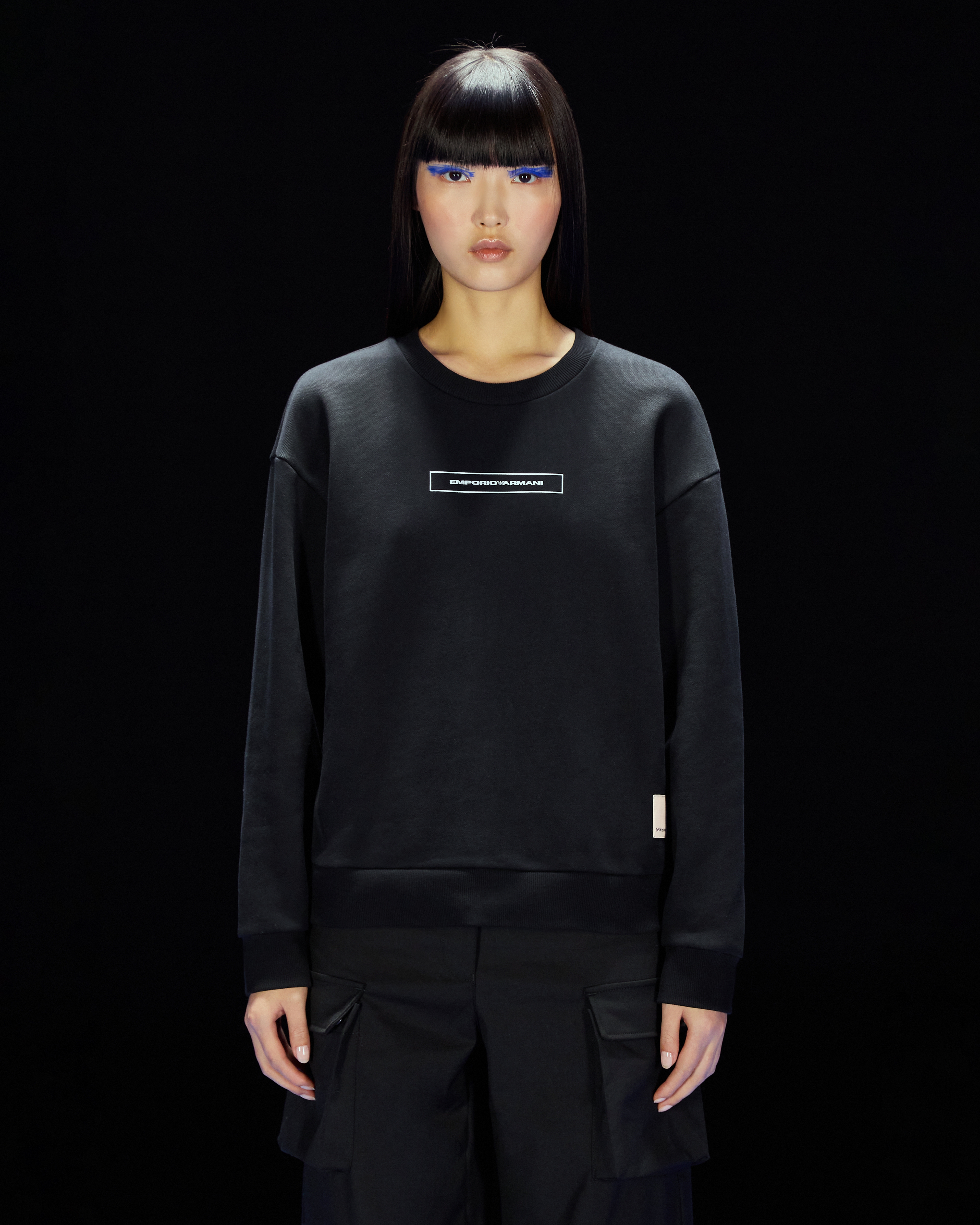 EMPORIO ARMANI ASV BLACK BLUE CAPSULE COLLECTION ORGANIC-JERSEY SWEATSHIRT WITH EMBROIDERY AND PRINT 