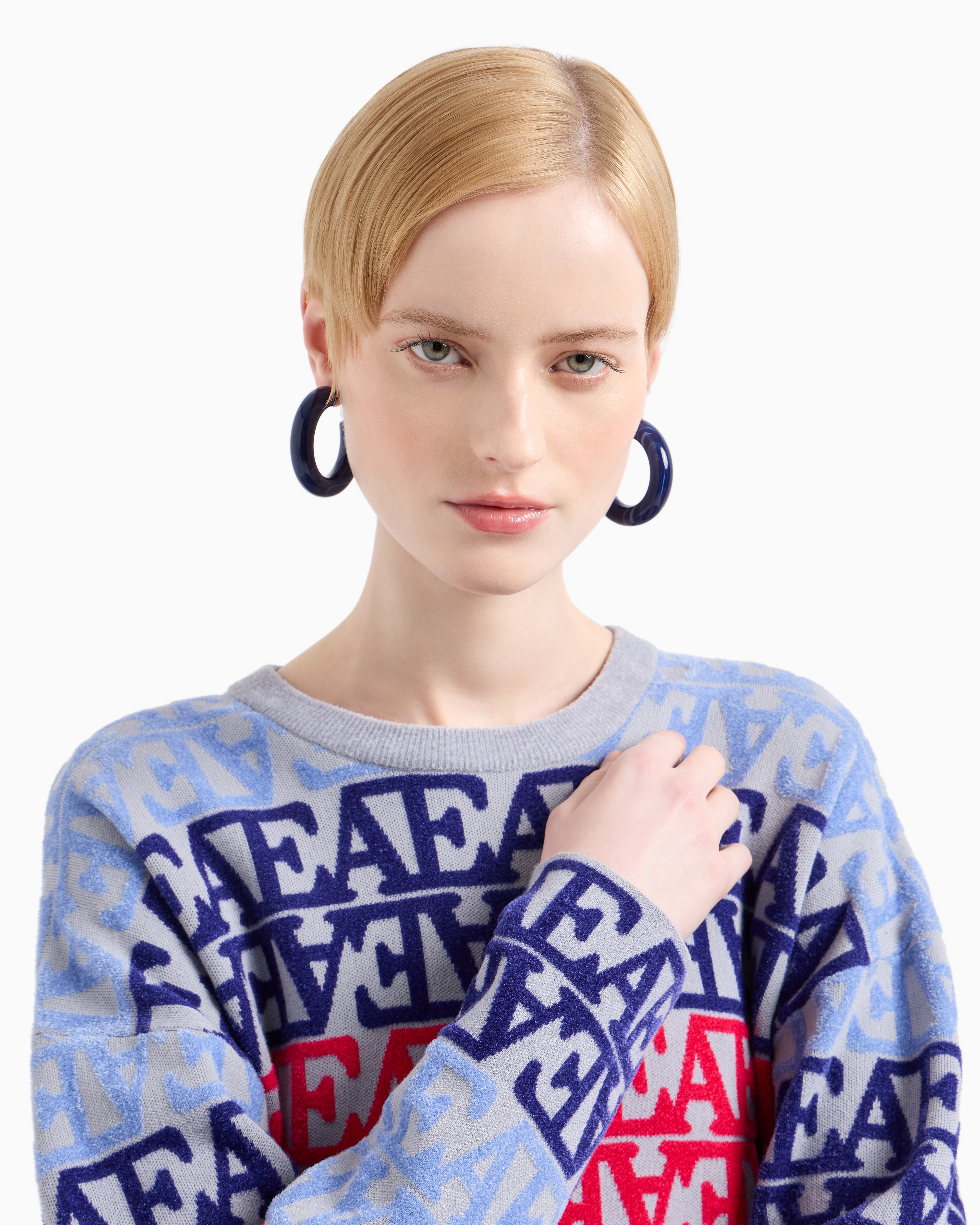 Shop Emporio Armani Viscose Jumper With All-over Flocked-effect Jacquard Ea Logo In Fantaisie