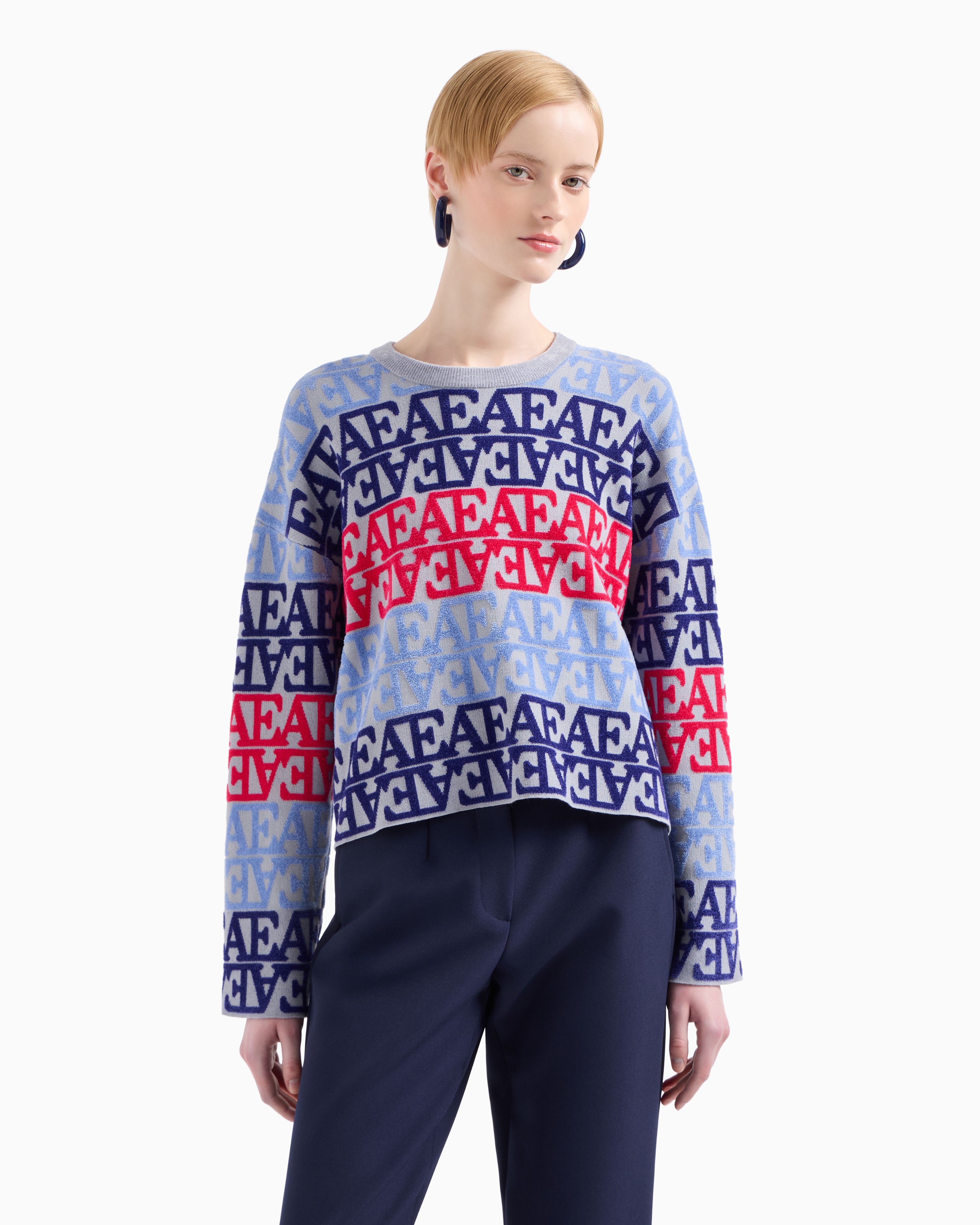 Shop Emporio Armani Viscose Jumper With All-over Flocked-effect Jacquard Ea Logo In Fantaisie