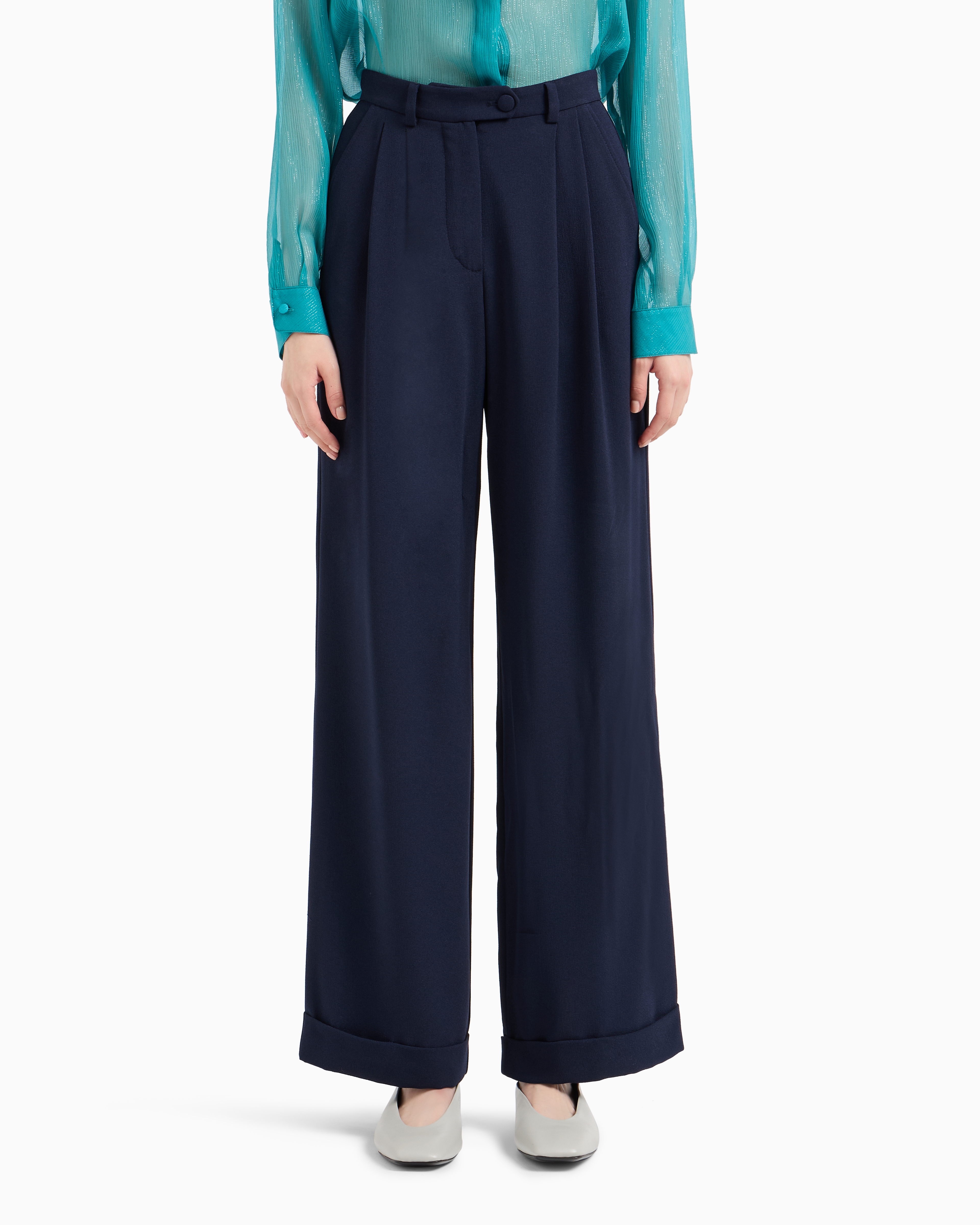 Shop Emporio Armani Sablé Stretch Fabric Trousers With Pleats In Blue