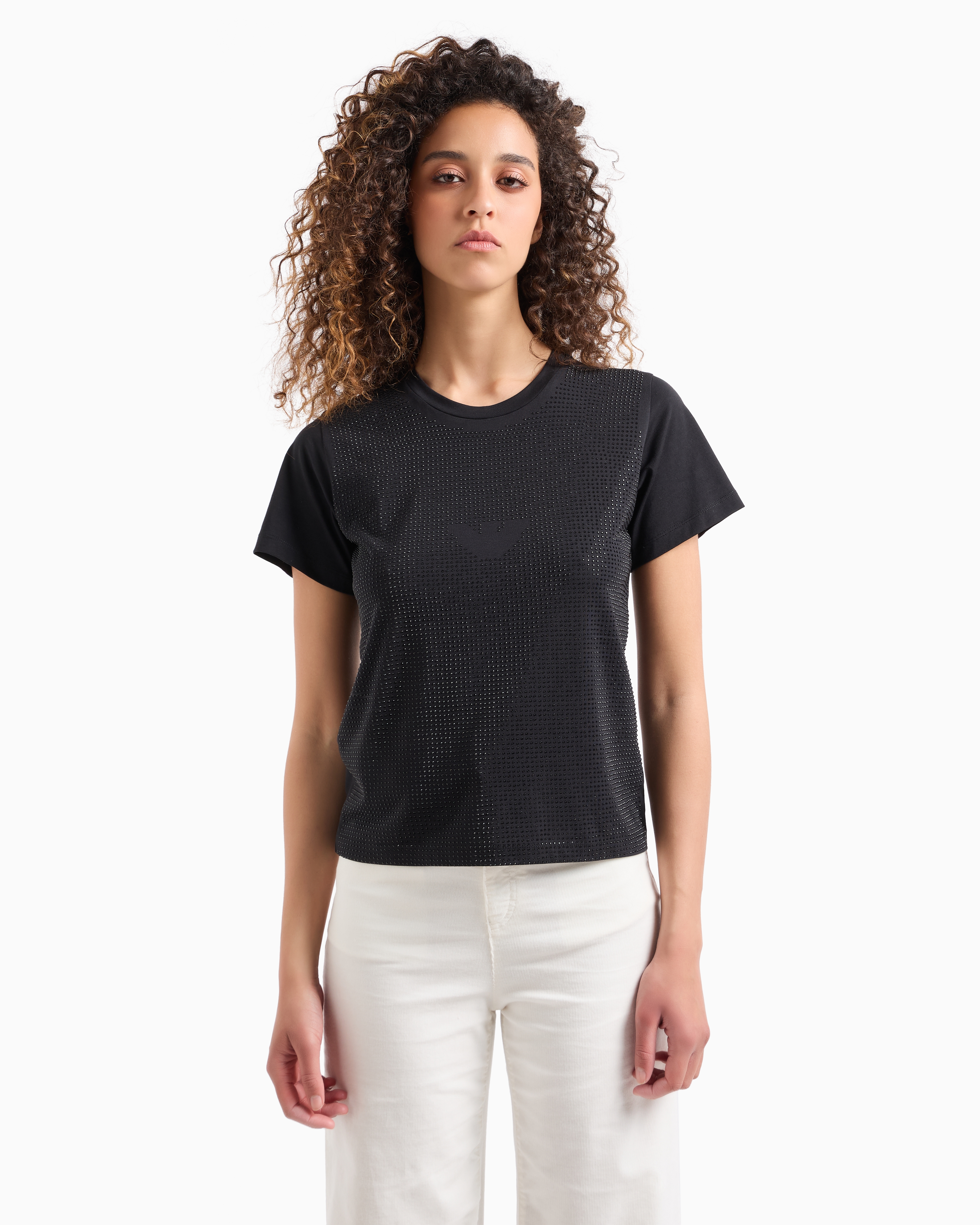 Shop Emporio Armani Asv Supima Jersey T-shirt With All-over Rhinestones And Eagle In Black