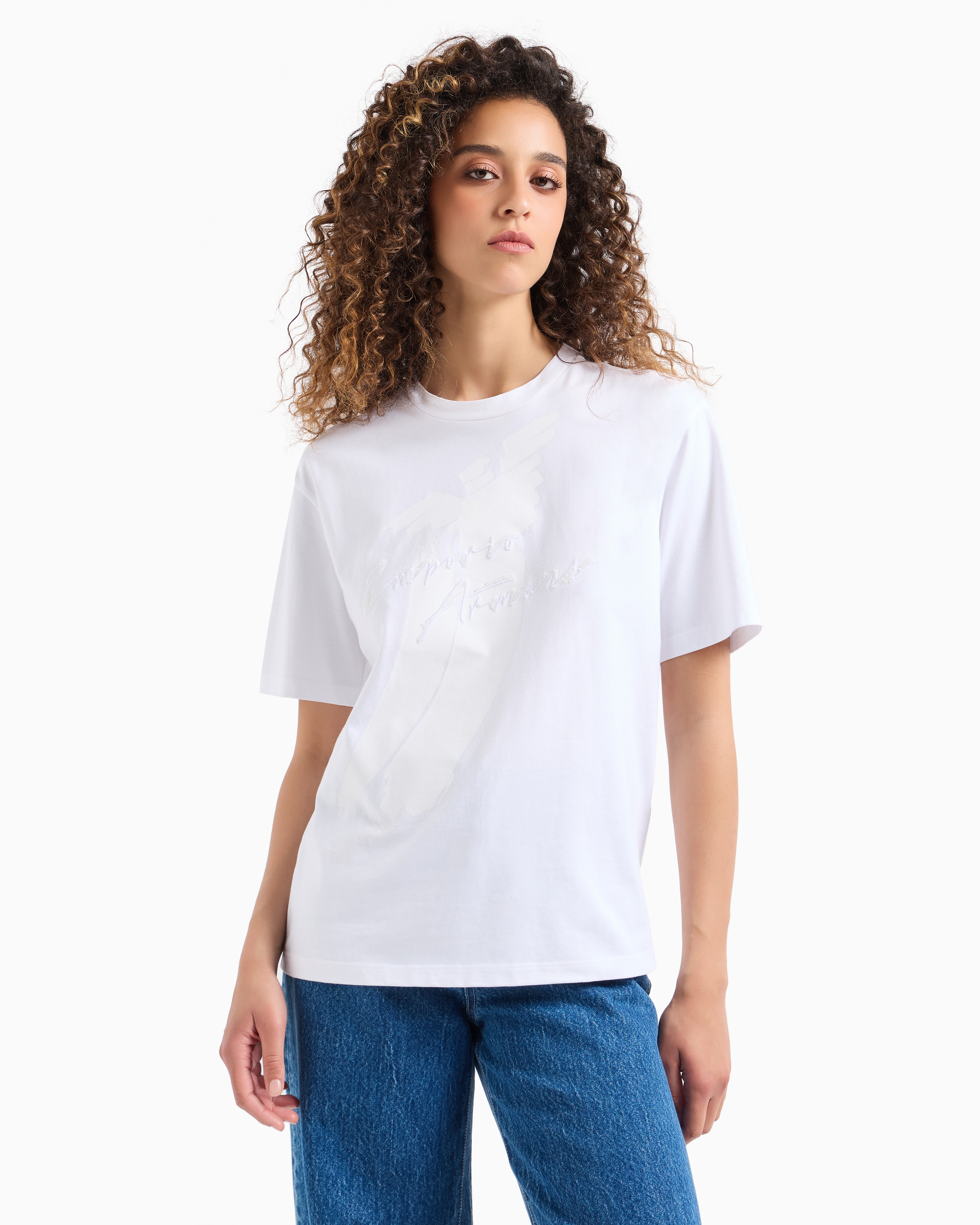 EMPORIO ARMANI ASV ORGANIC HEAVYWEIGHT JERSEY T-SHIRT WITH SEQUIN LOGO PRINT AND EMBROIDERY 