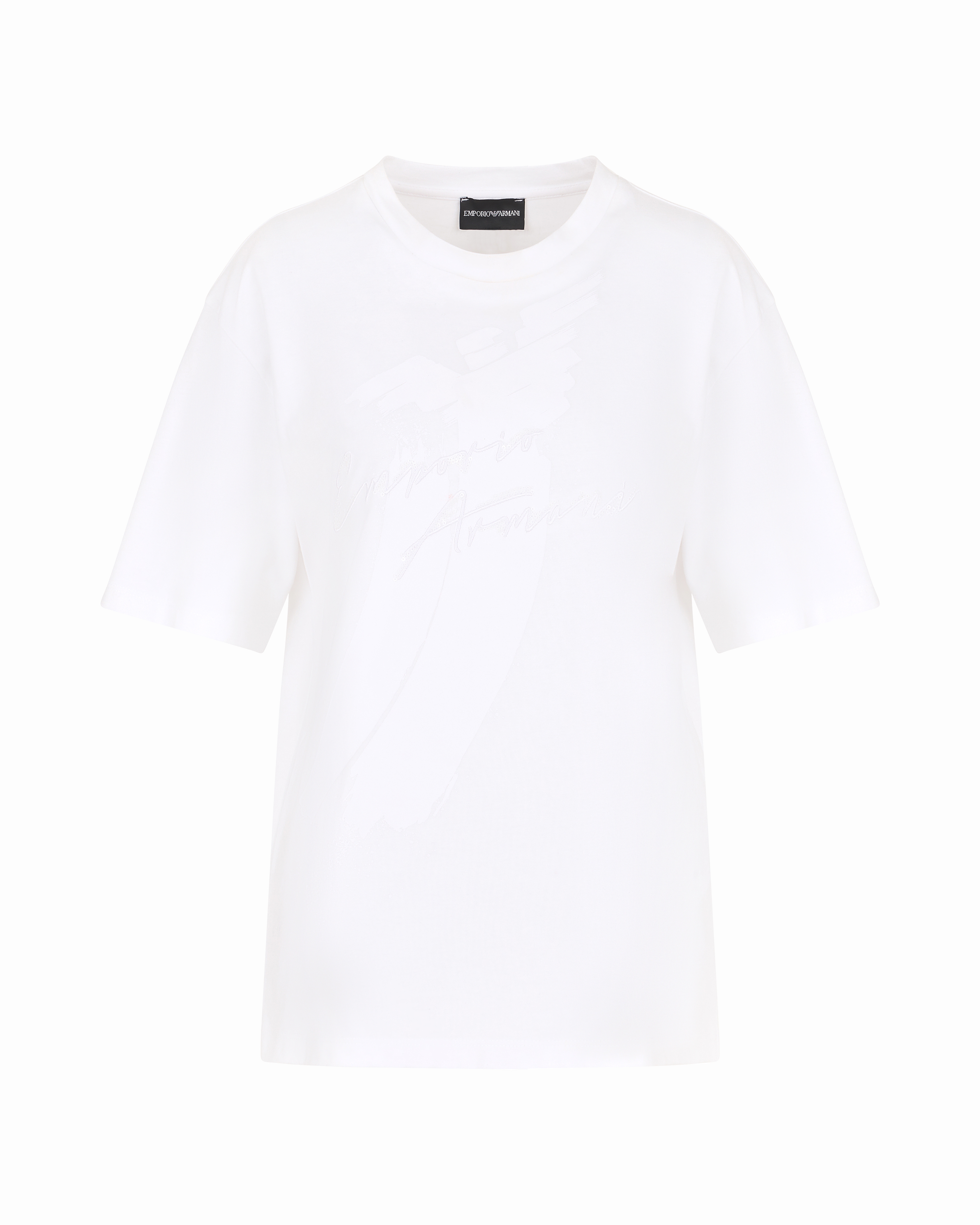 Emporio Armani Official Store Asv Organic Heavyweight Jersey T-shirt With Sequin Logo Print And Embroidery In White