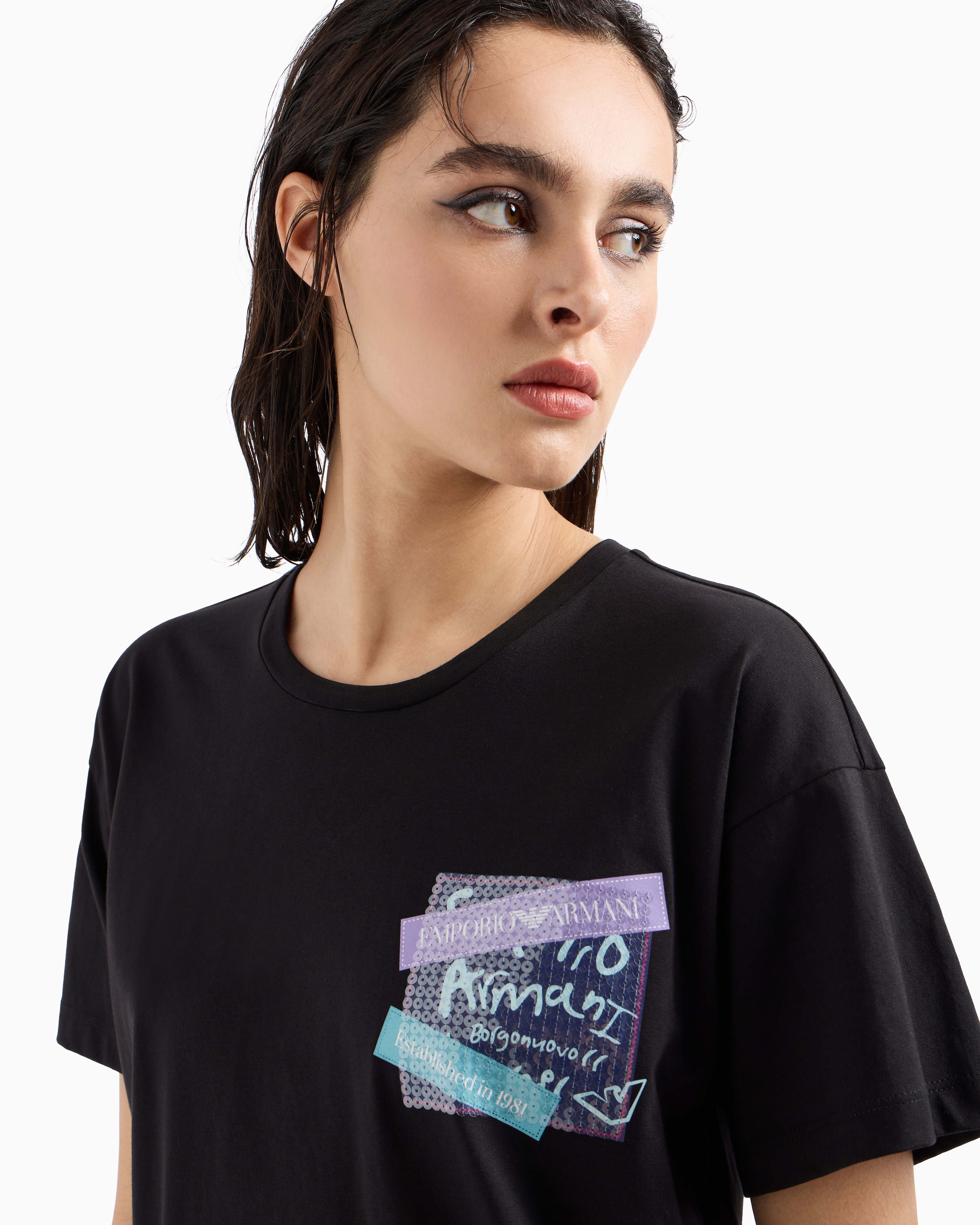 Shop Emporio Armani Asv Organic-jersey T-shirt With Sequins And Logo Print In Black