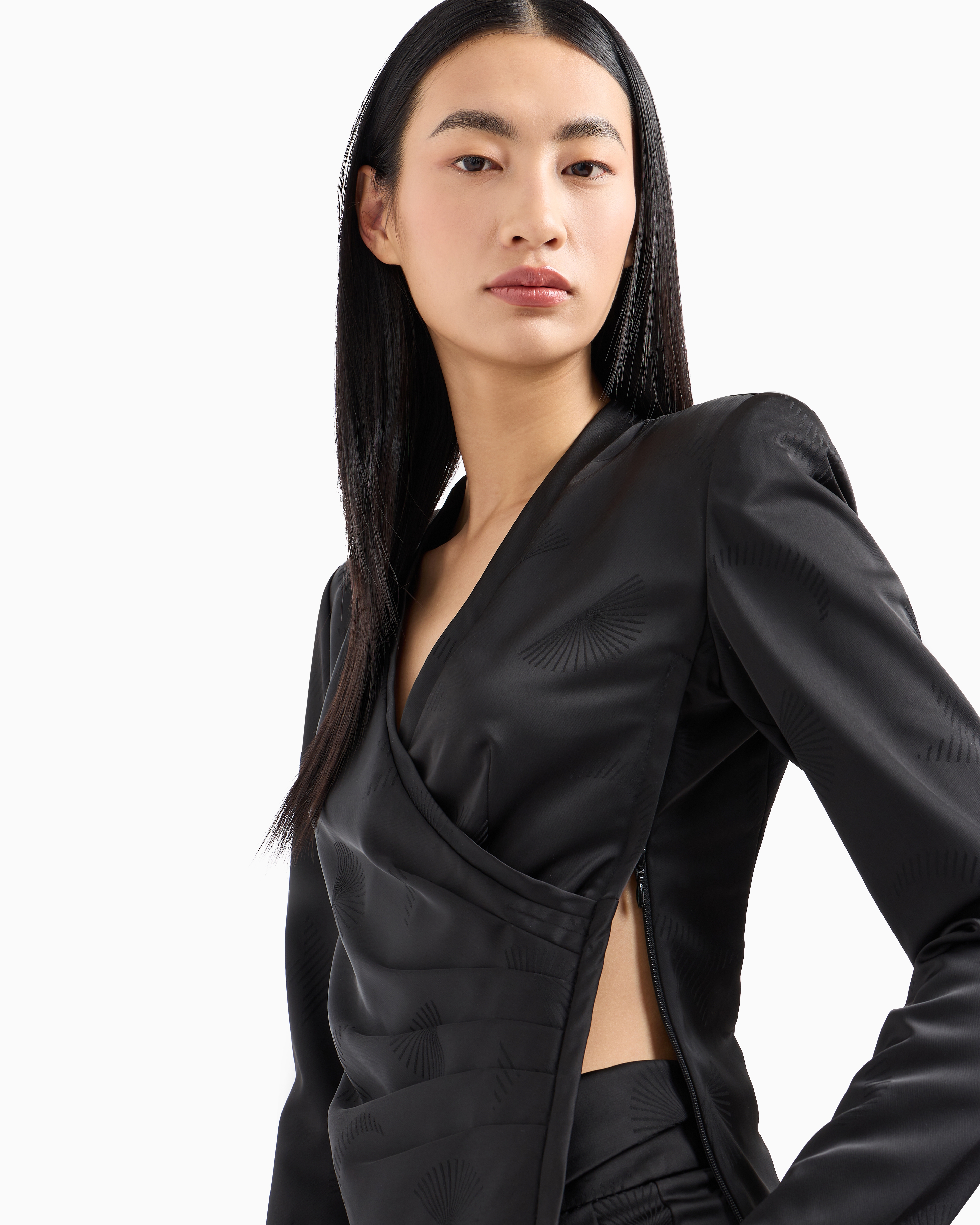 Emporio Armani Official Store Moon Capsule Collection Blouse With A Crossover V Neck And Jacquard Draping In Black