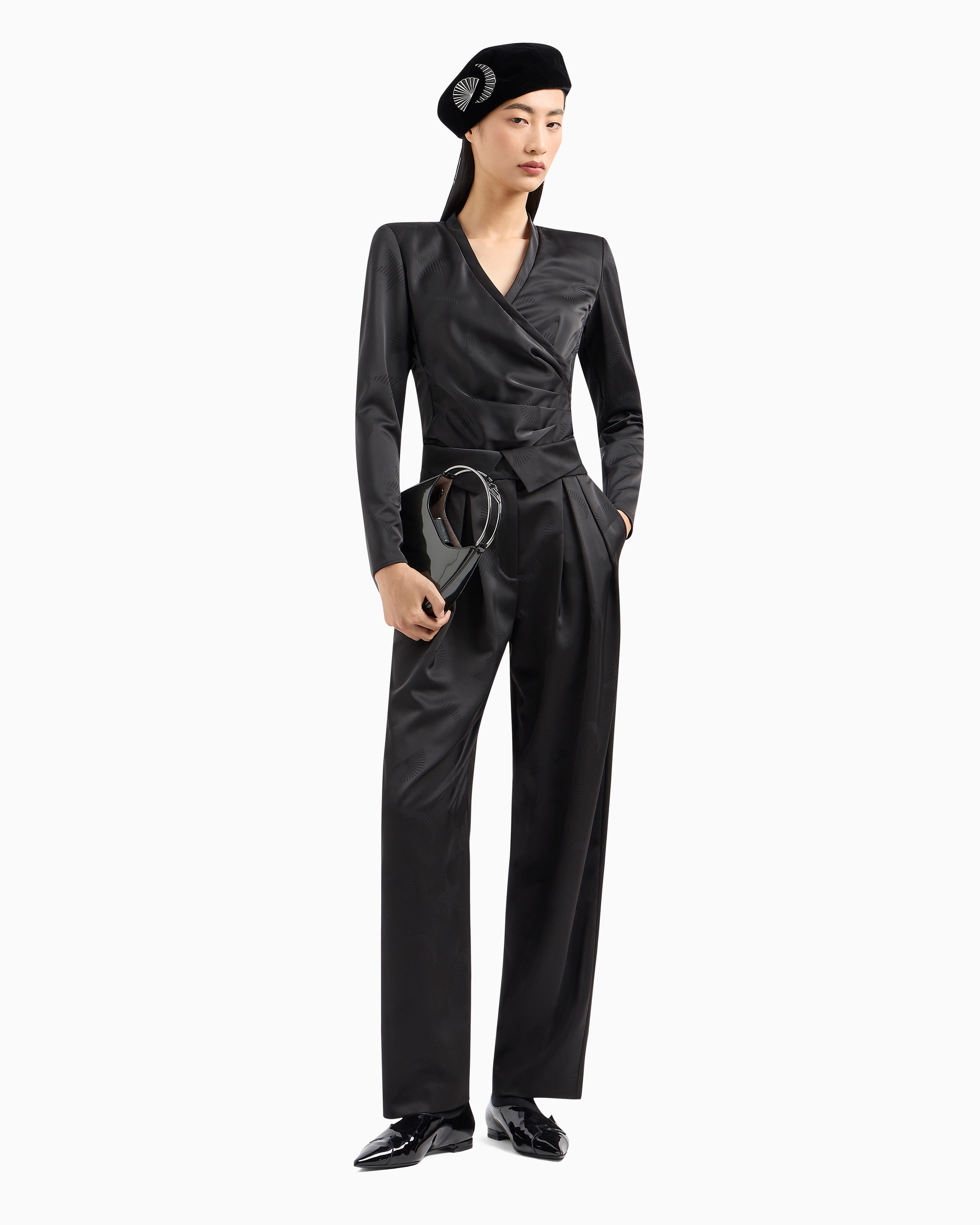 Emporio Armani Official Store Moon Capsule Collection Blouse With A Crossover V Neck And Jacquard Draping In Black