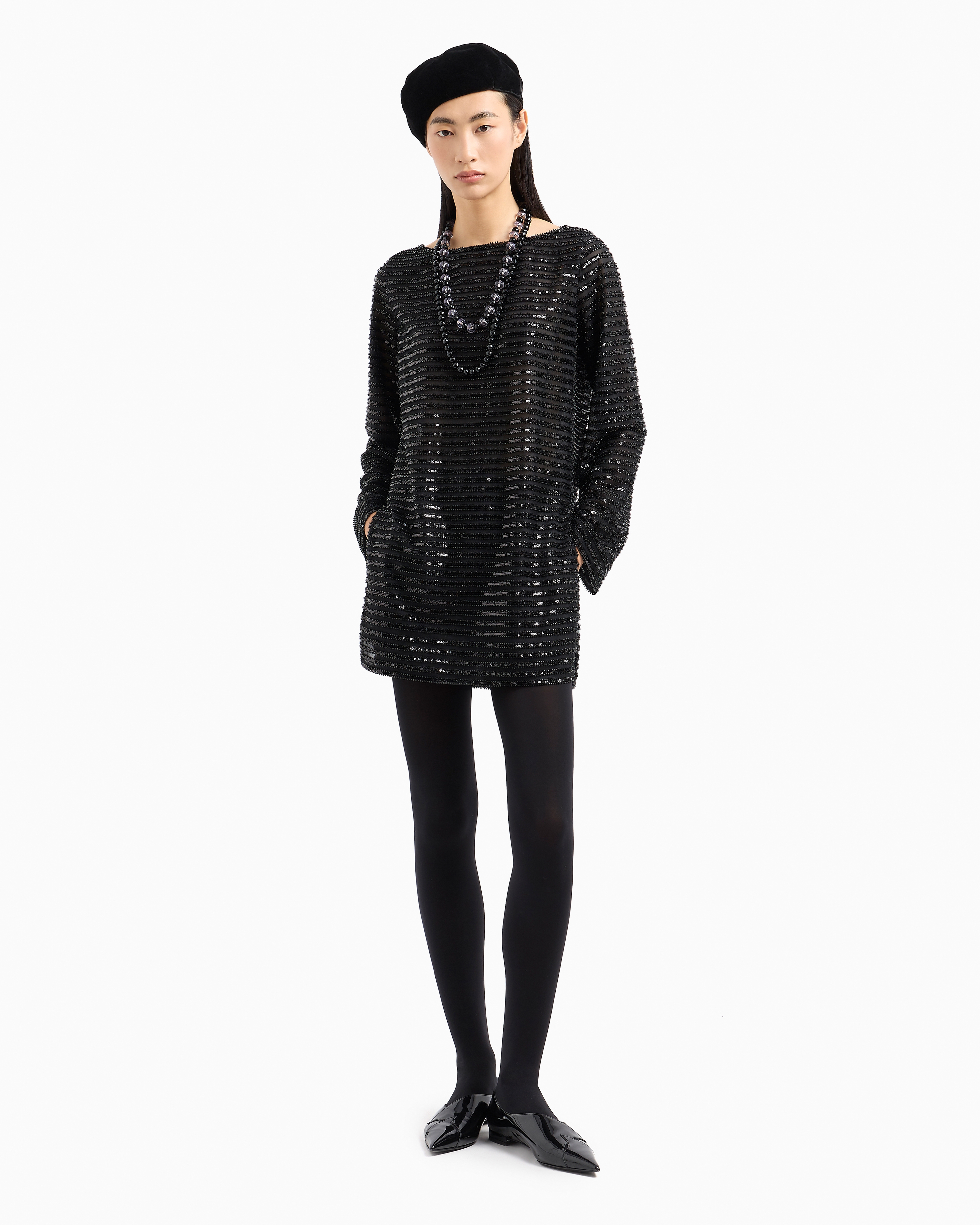Emporio Armani Official Store Moon Capsule Collection Tulle Tunic Dress With Striped Sequinned Motif In Noir
