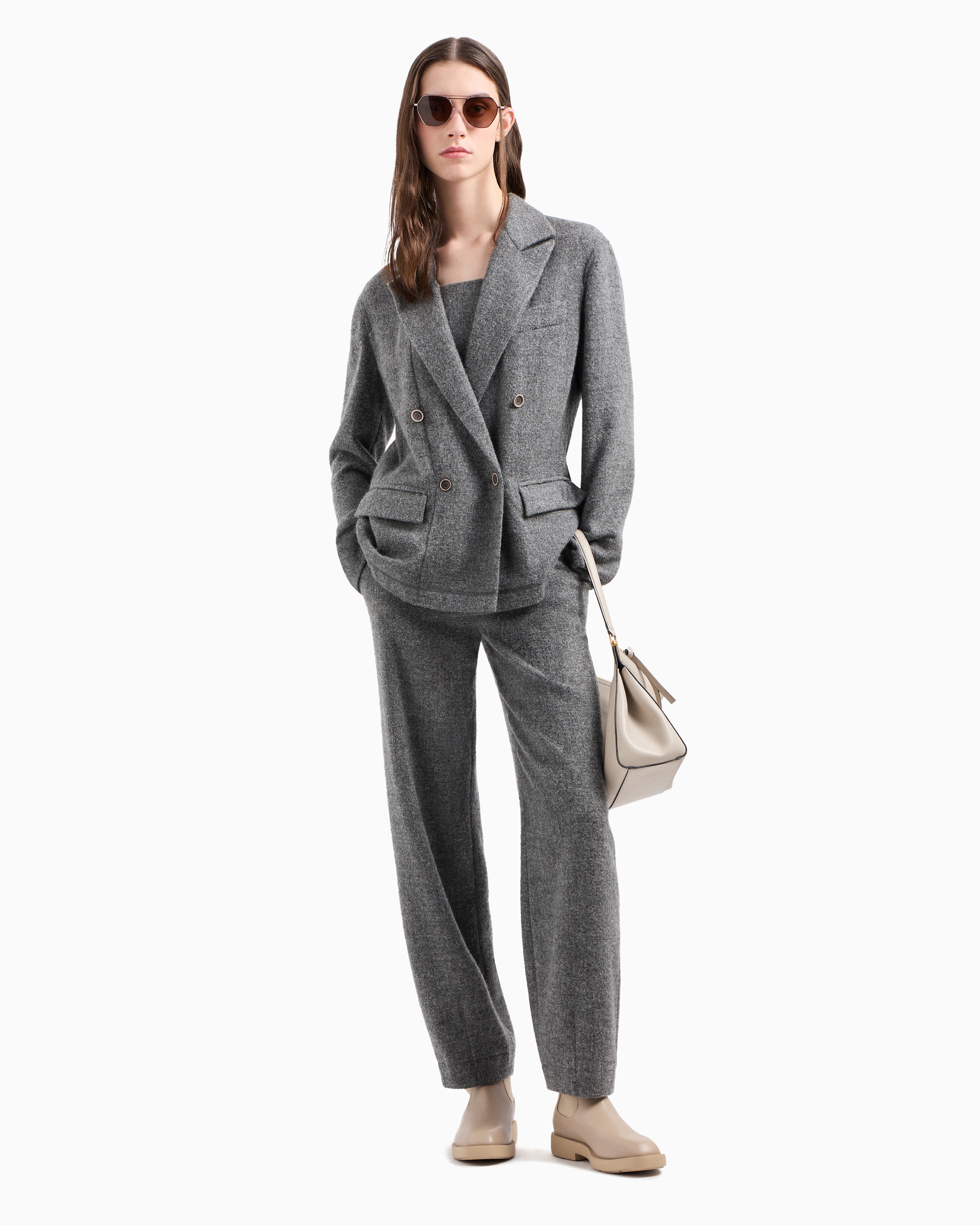 Emporio Armani Mélange Wool Blend Flannel Trousers With Ea Embroidery In Gris