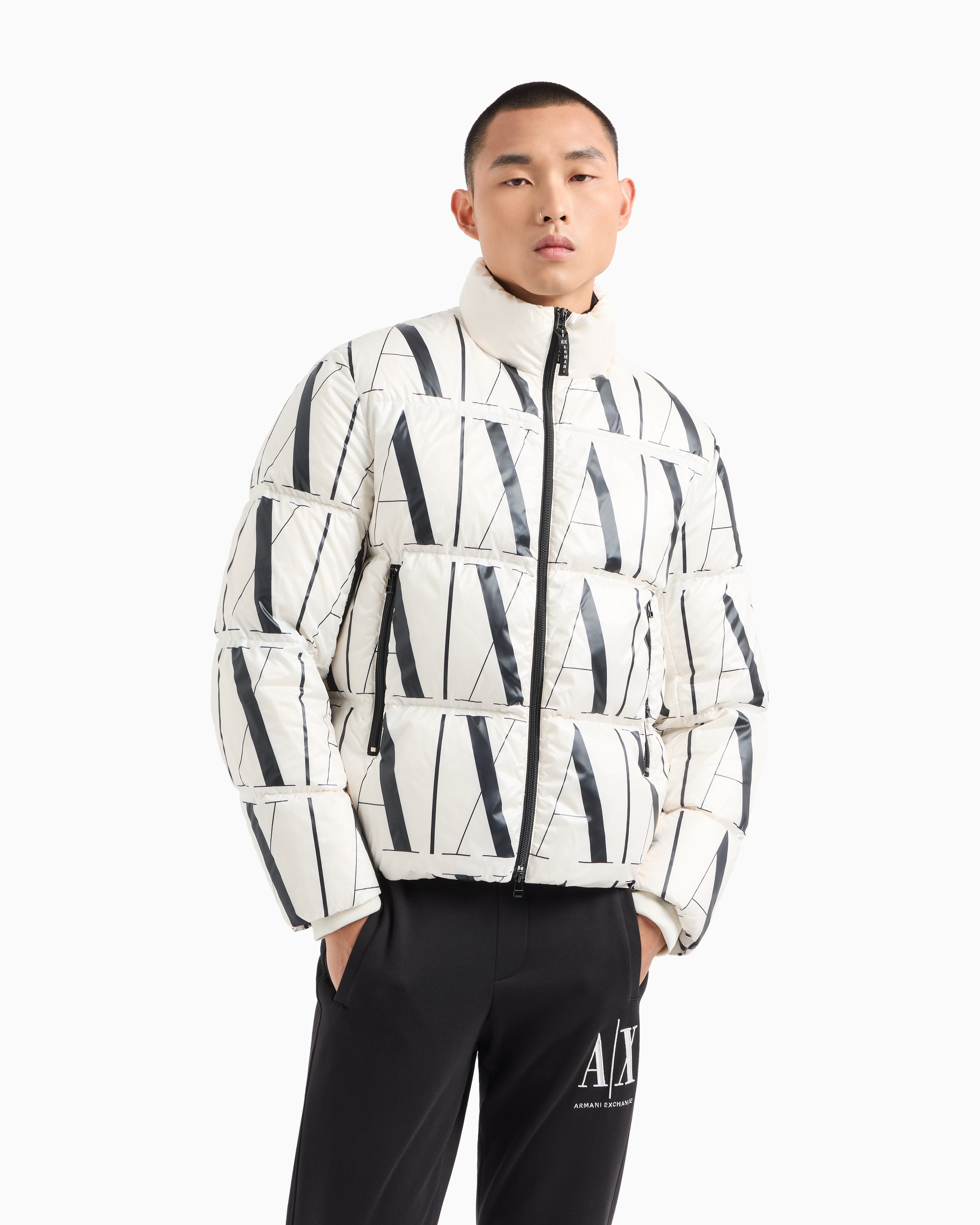 Shop Armani Exchange Full Zip Down Jacket With Logo Print In White