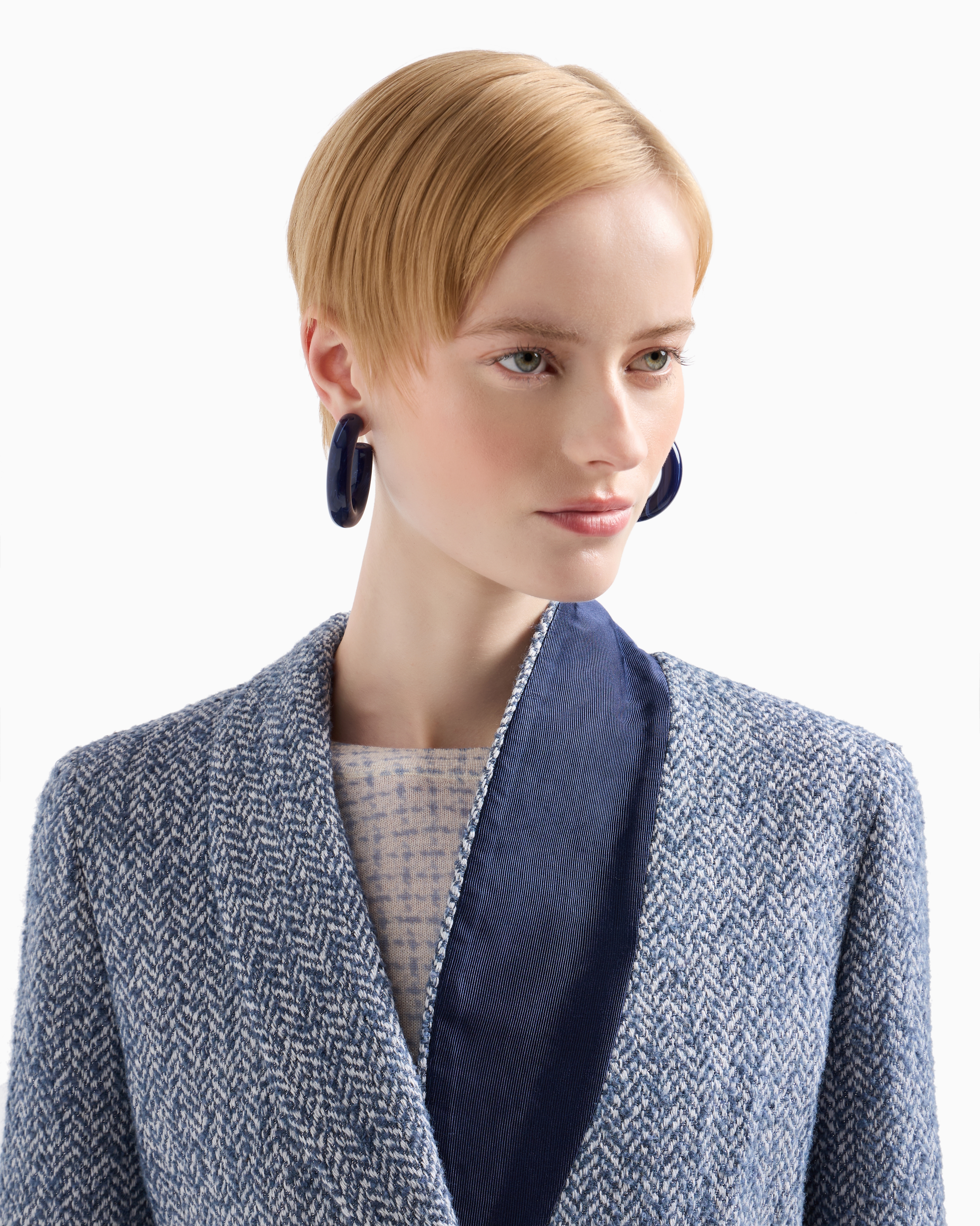 Shop Emporio Armani Single-breasted Jacket With Shawl Collar, In Chevron-motif Lurex Tweed In Light_blue