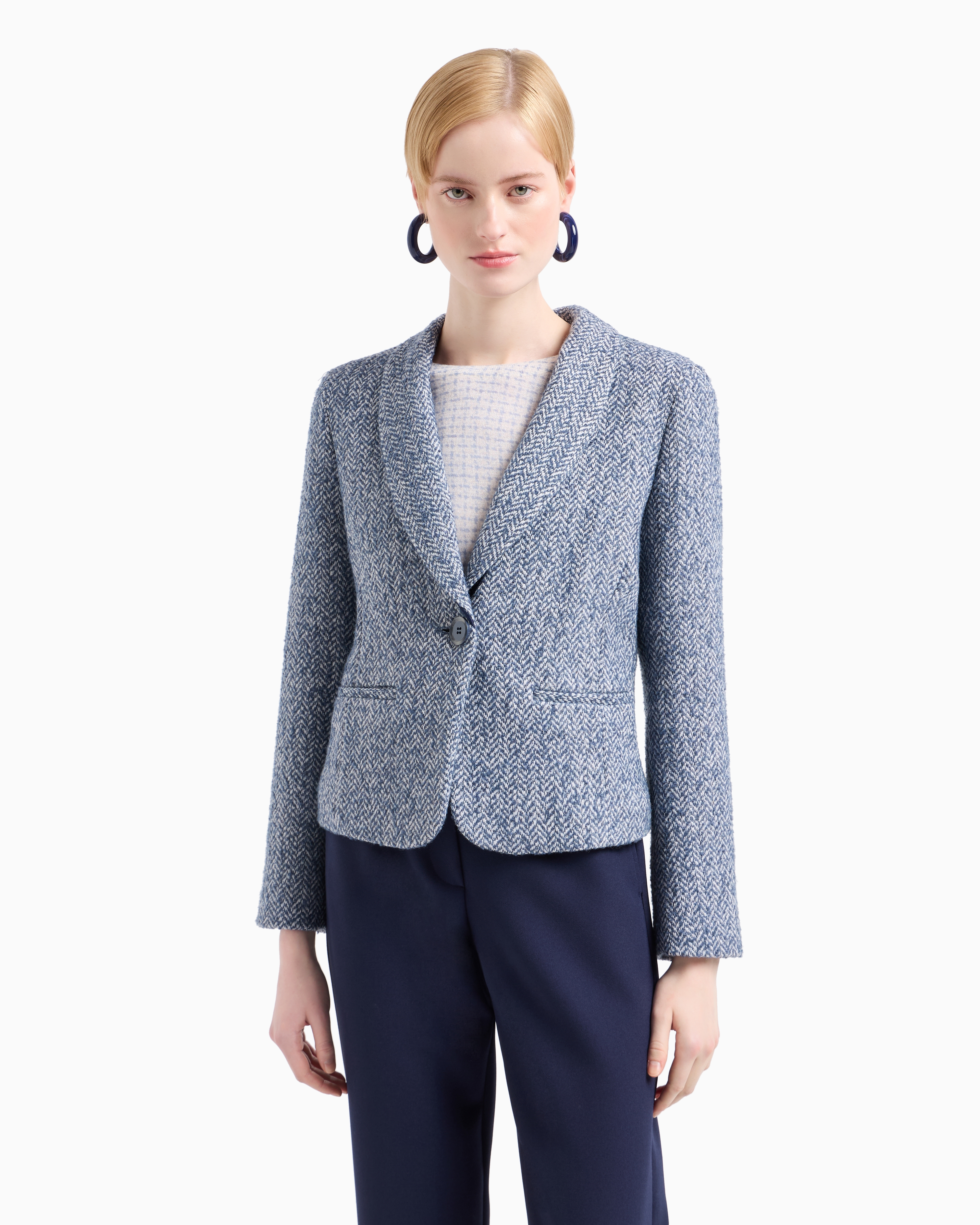 Shop Emporio Armani Single-breasted Jacket With Shawl Collar, In Chevron-motif Lurex Tweed In Light_blue