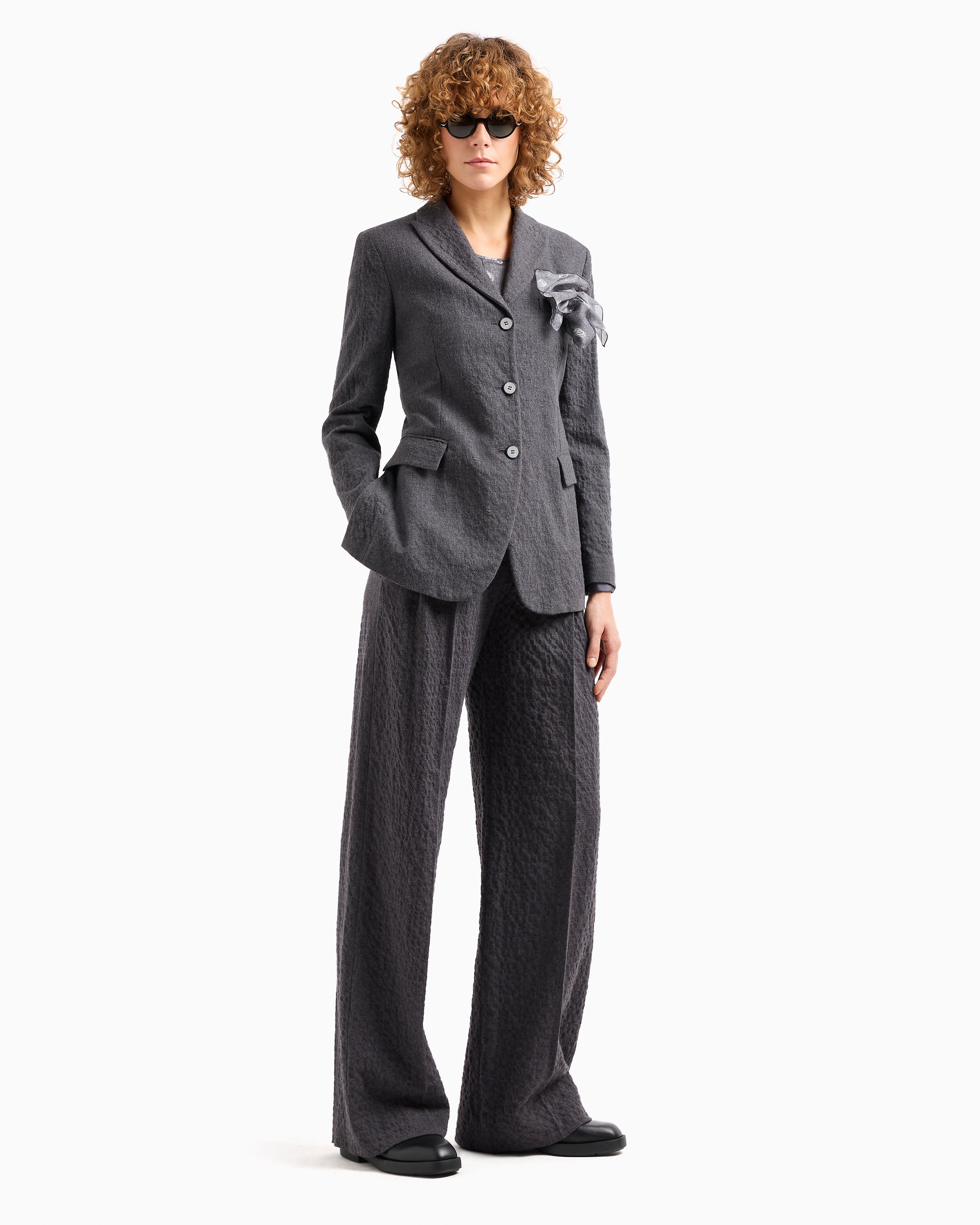 Shop Emporio Armani Icon Cotton Flannel Palazzo Trousers With Pleats In Grey