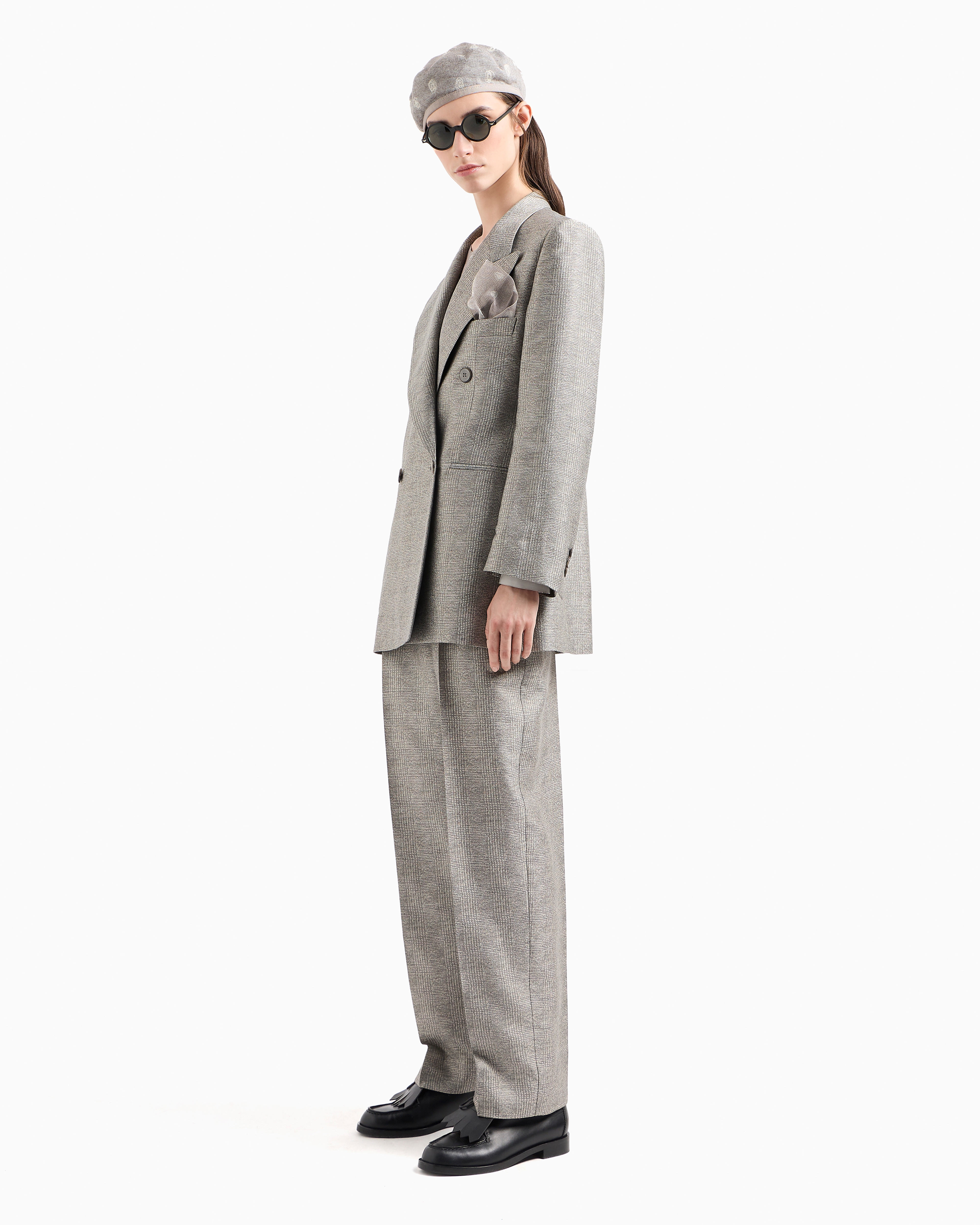 Emporio Armani Official Store Icon Trousers With Pleats In A Prince Of Wales Check Viscose In Gris