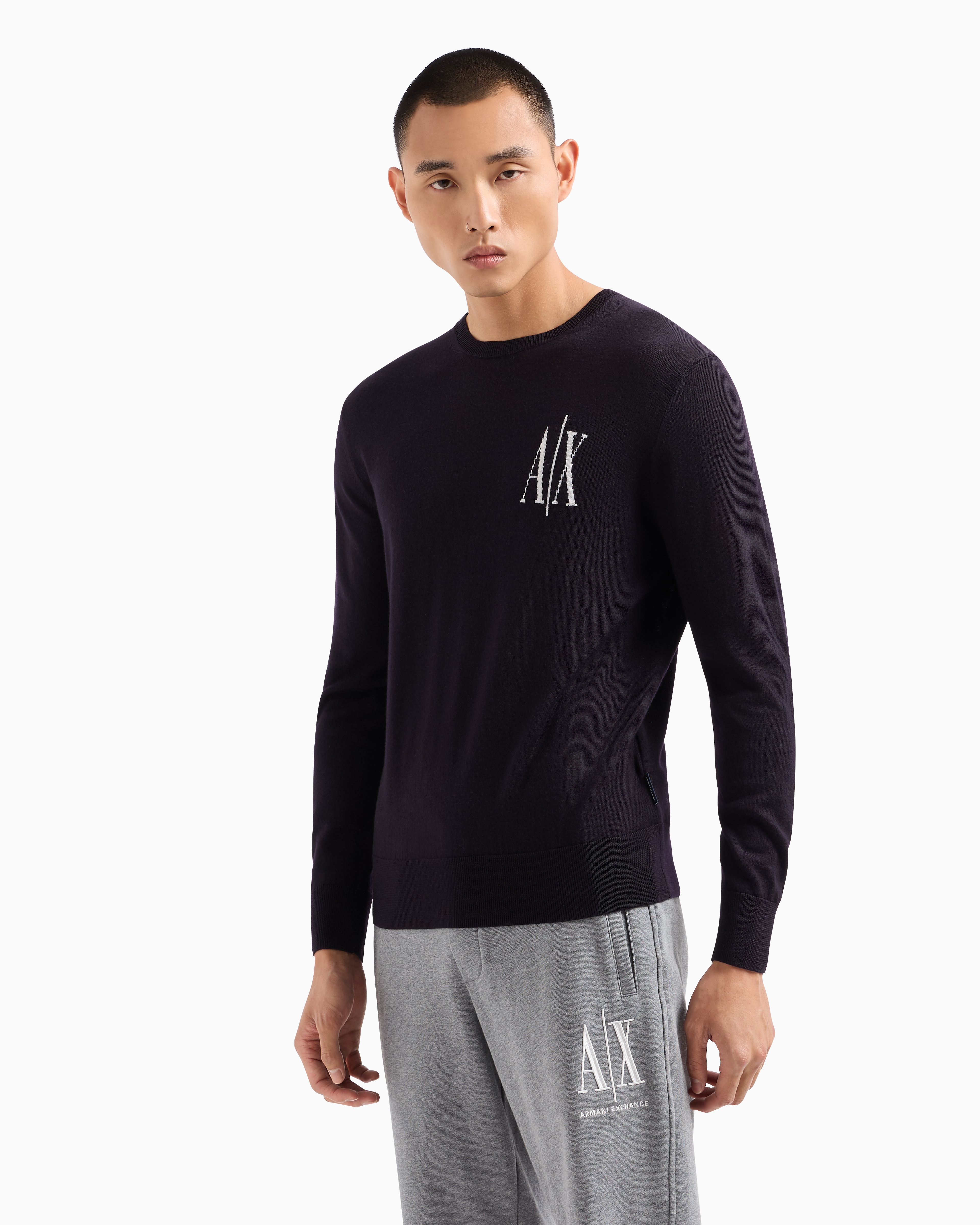 Shop Armani Exchange Icon Project Virgin Wool Crewneck Sweater In Navy Blue