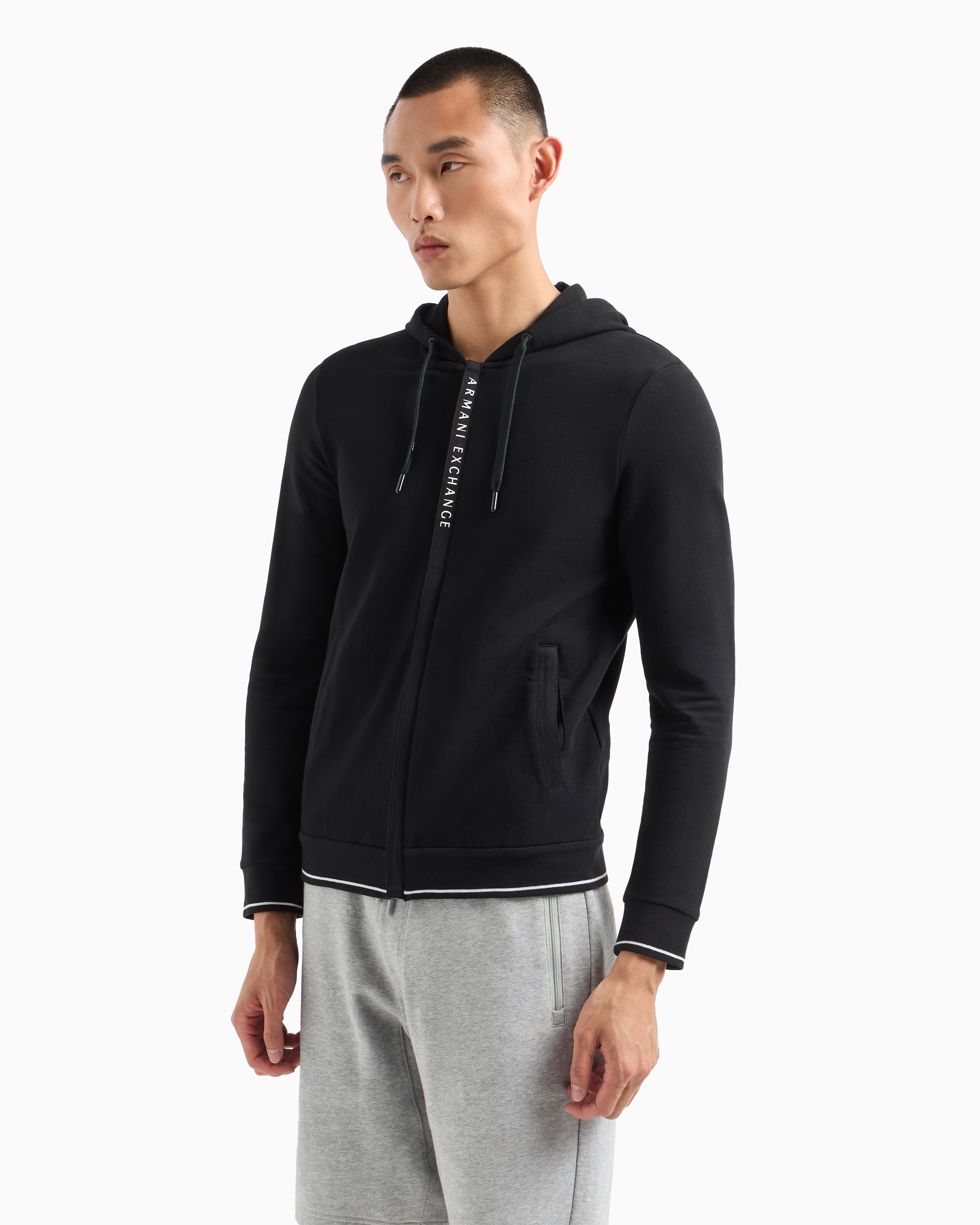 Shop Armani Exchange Stretch Fabric Zip-up Sweatshirt In Black