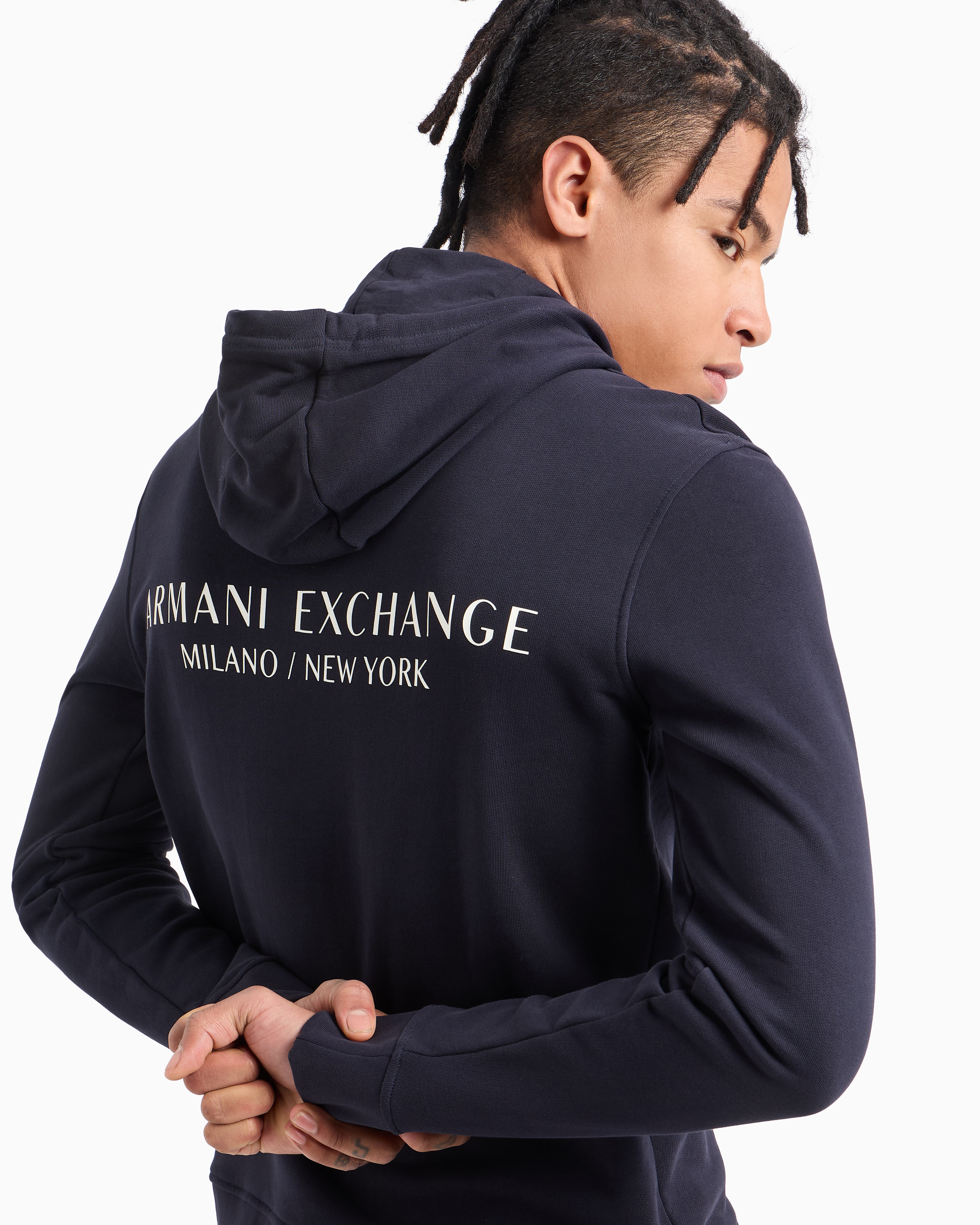 Armani Exchange Milano New York Graphic Cotton Hoodie In Navy Blue