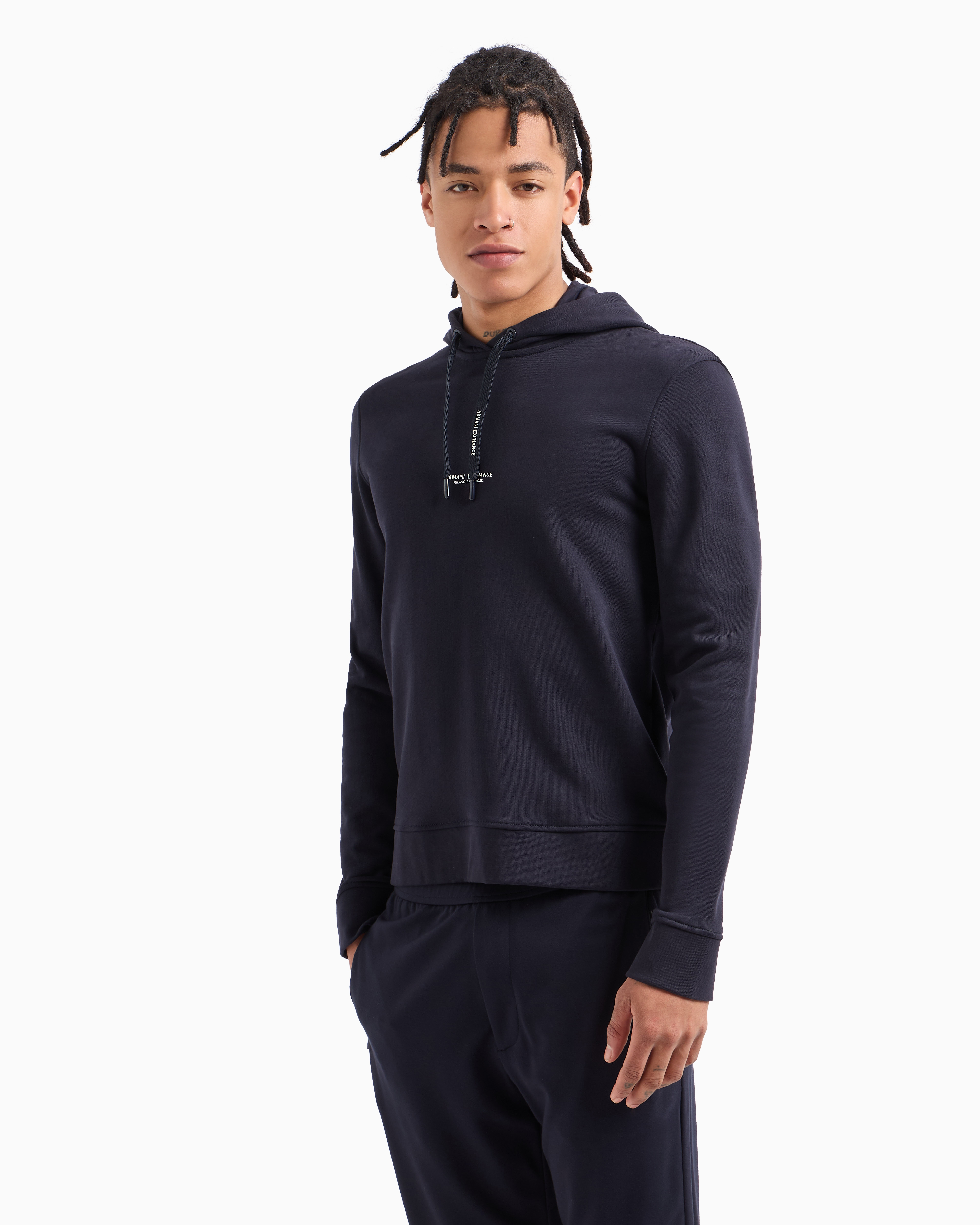 Armani Exchange Milano New York Graphic Cotton Hoodie In Navy Blue